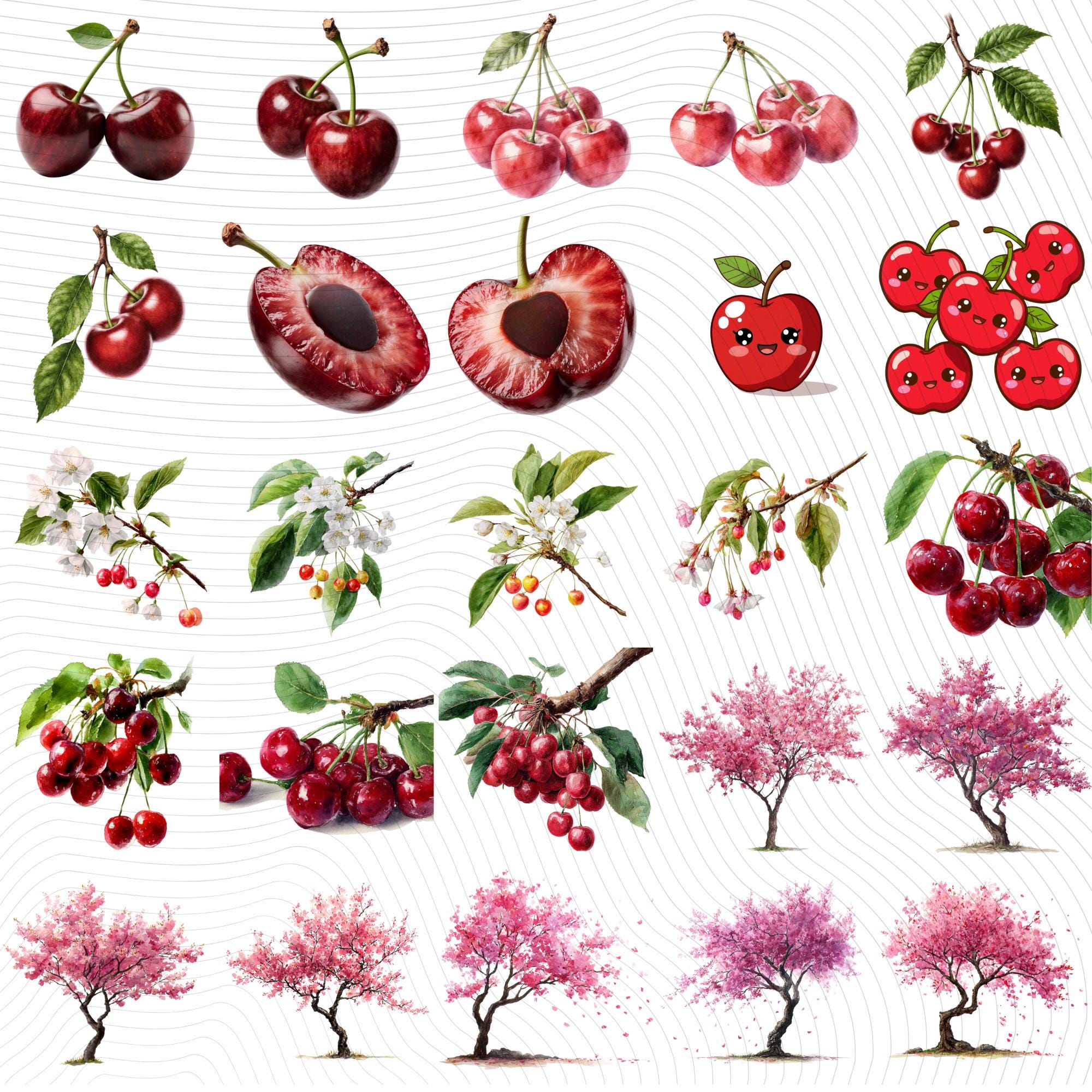 30 Cherry Tree Clipart Bundle: Watercolor Fruit Designs (PNG + PDF)