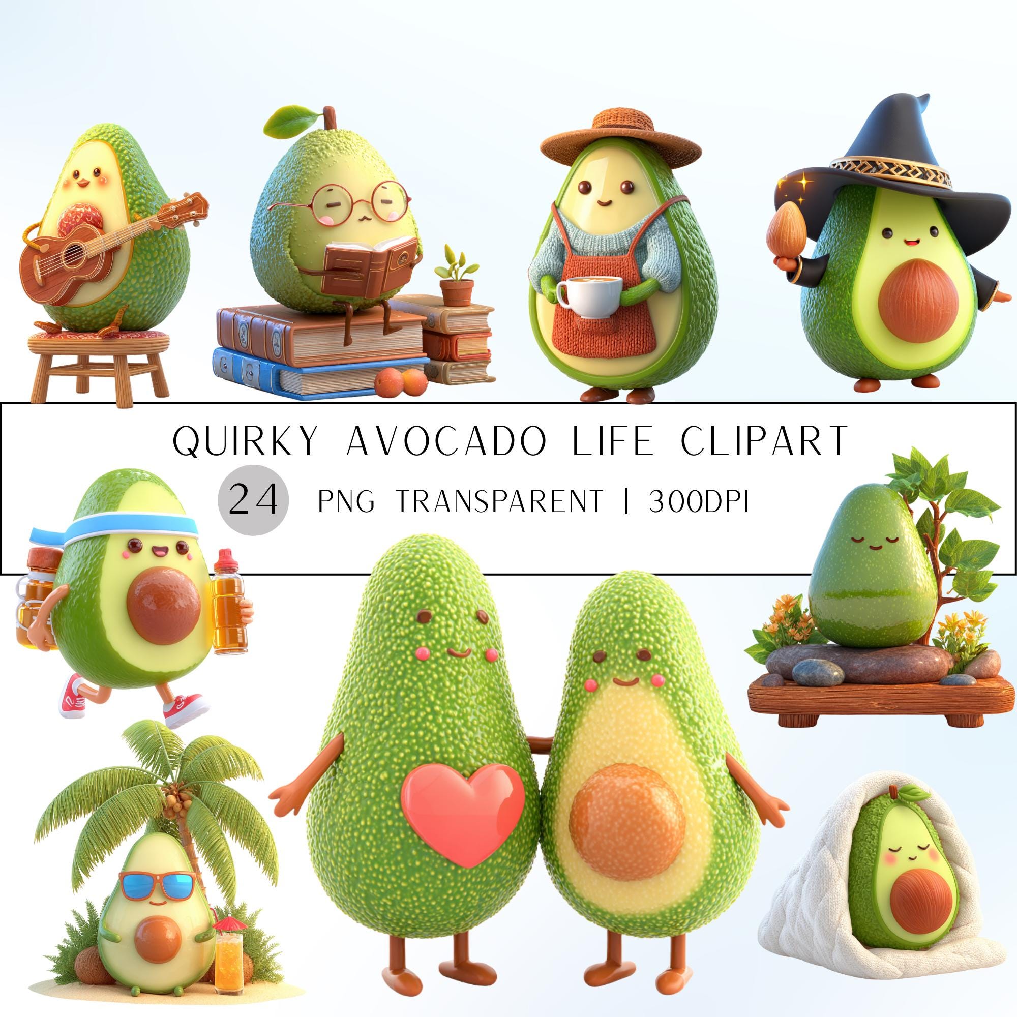 24 Quirky Avocado Life Clipart | Funny Characters PNG Transparent Transparent Background