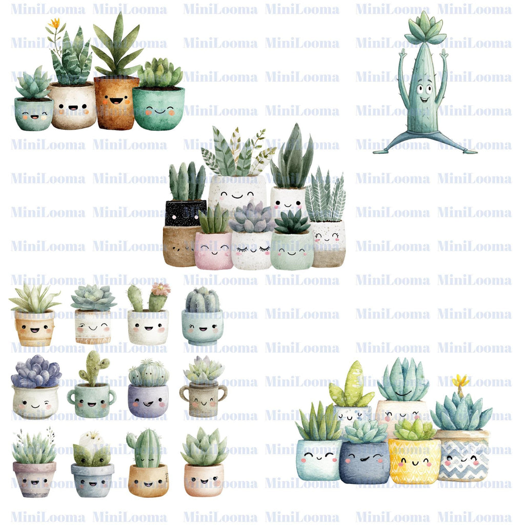 80 Kawaii Succulent - Cactus Clipart Bundle: Watercolor Plant Stickers (Transparent PNG)