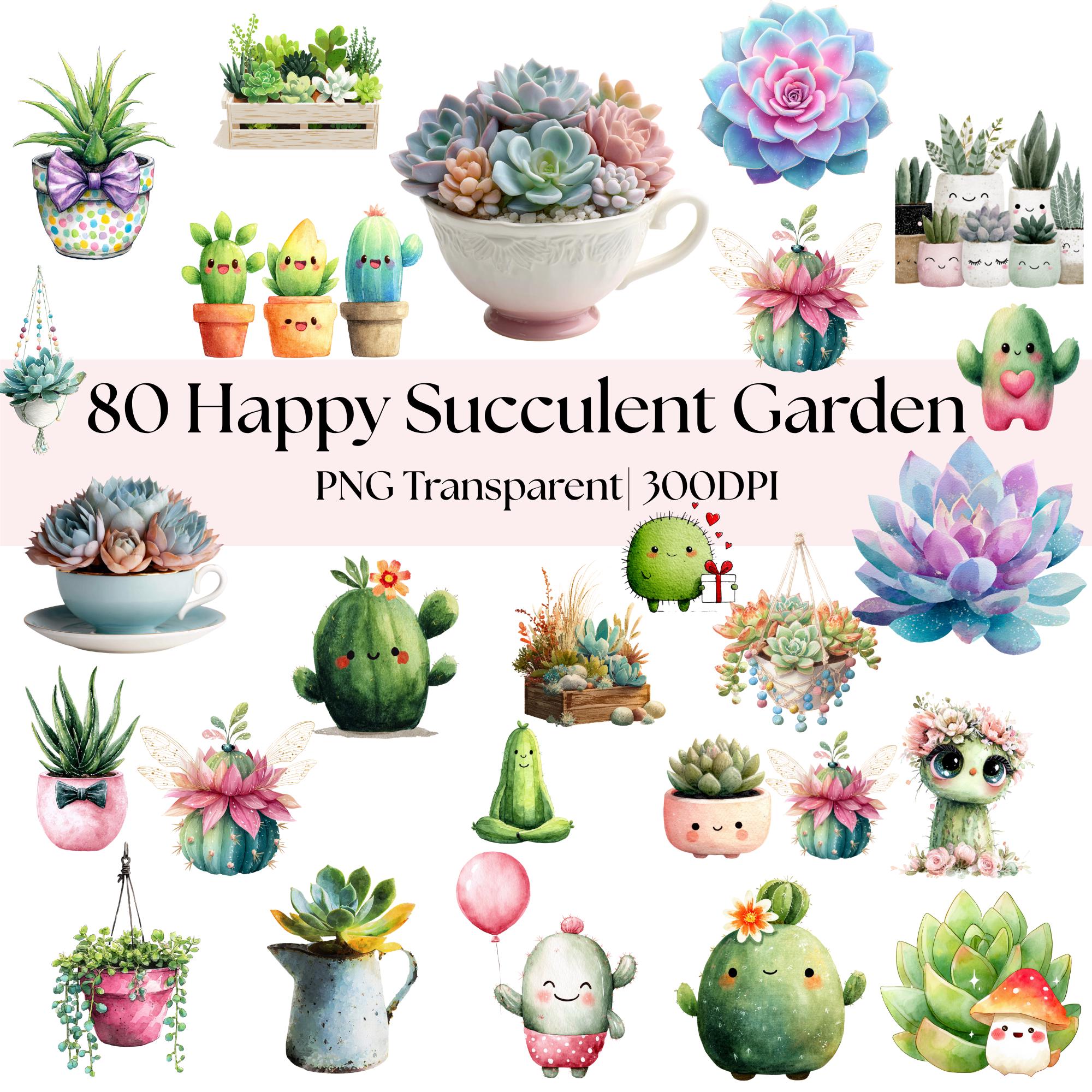 80 Kawaii Succulent - Cactus Clipart Bundle: Watercolor Plant Stickers (Transparent PNG)