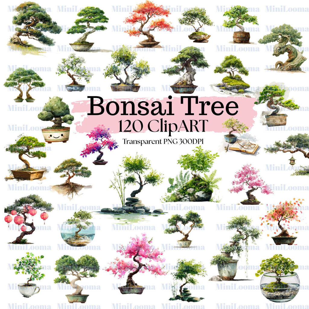 120 Watercolor Bonsai Tree Clipart Bundle: Japanese Garden Art (Transparent PNG)
