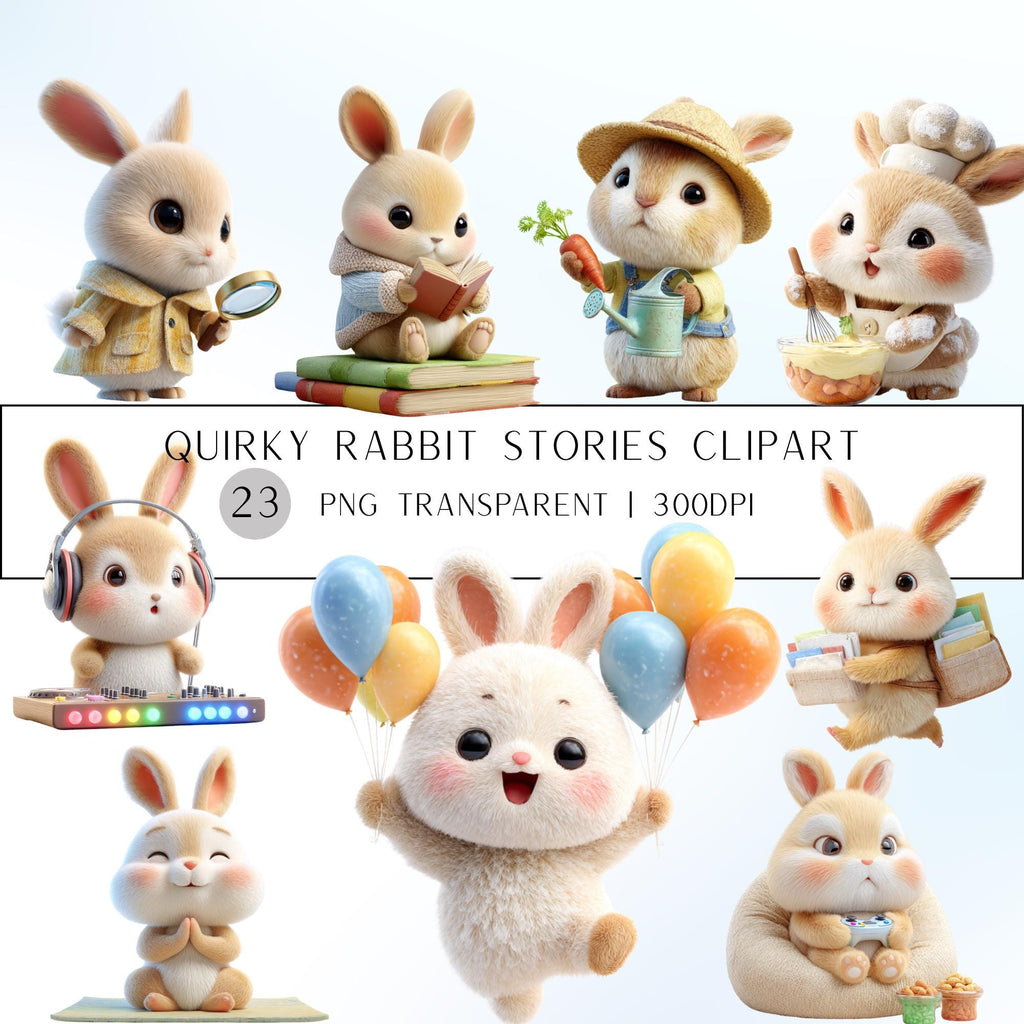 23 Quirky Rabbit Clipart Set | Funny  Characters PNG Transparent Background| 300DPI
