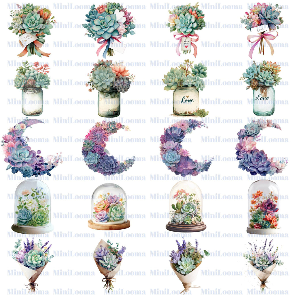 120 Succulent Clipart Bundle |Colorful Watercolor Succulents, Pots & Bouquets PNG Set |PNG  Transparent Background