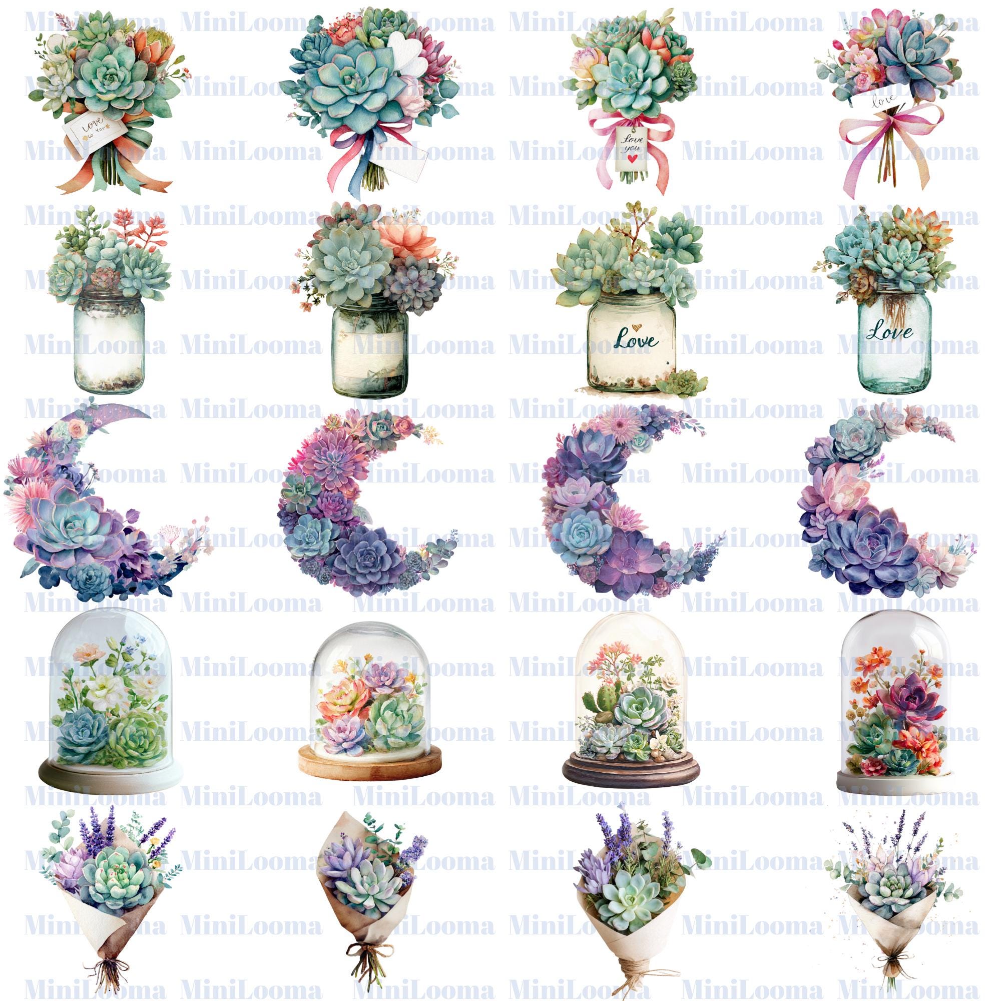 120 Succulent Clipart Bundle |Colorful Watercolor Succulents, Pots & Bouquets PNG Set |PNG  Transparent Background