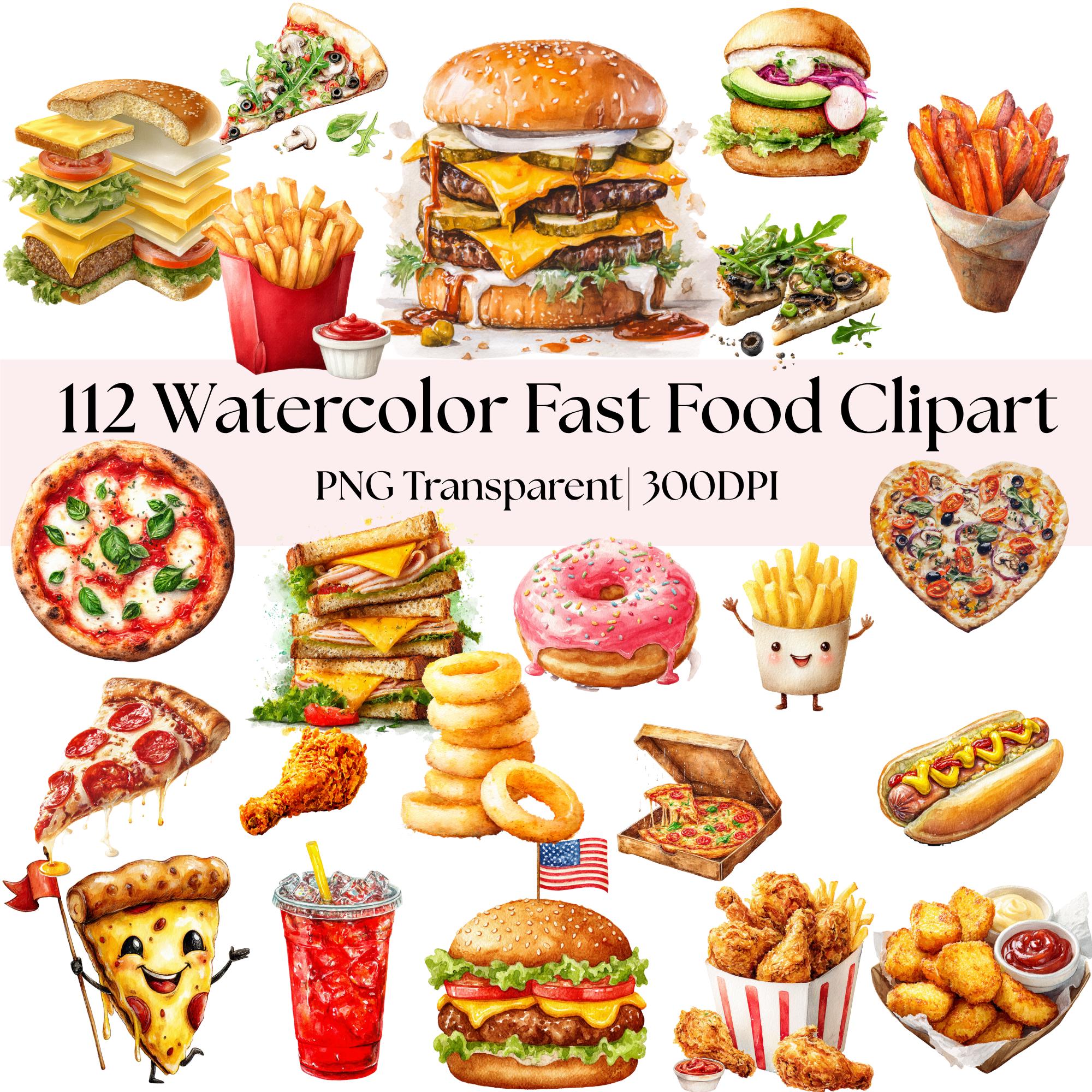112 Watercolor Fast Food Clipart Bundle: Burger, Fries, Pizza ( Transparent PNG )