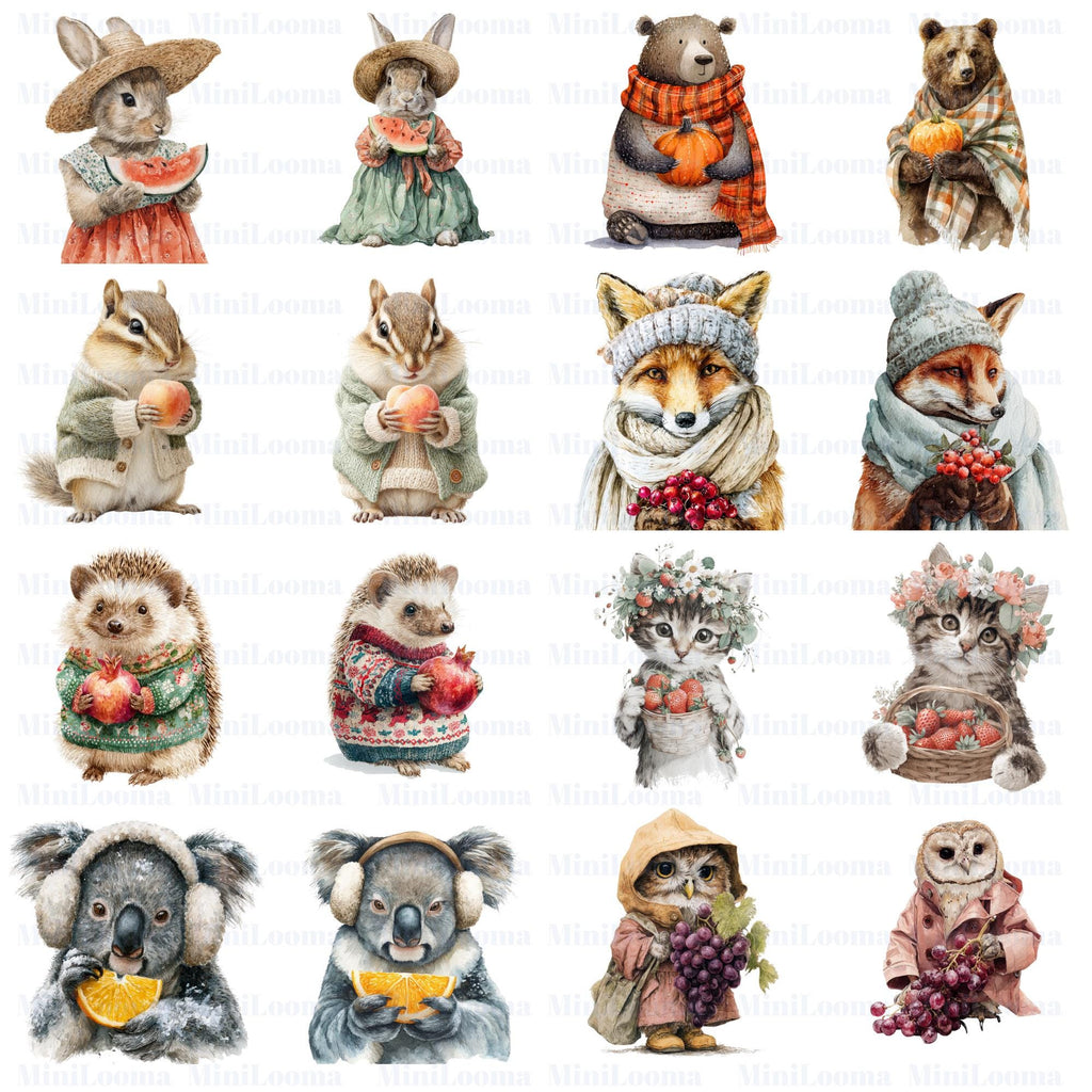20 Seasonal Fruit Animals Clipart | Bunny, Bear, Fox, Cat, Squirrel | PNG Transparent