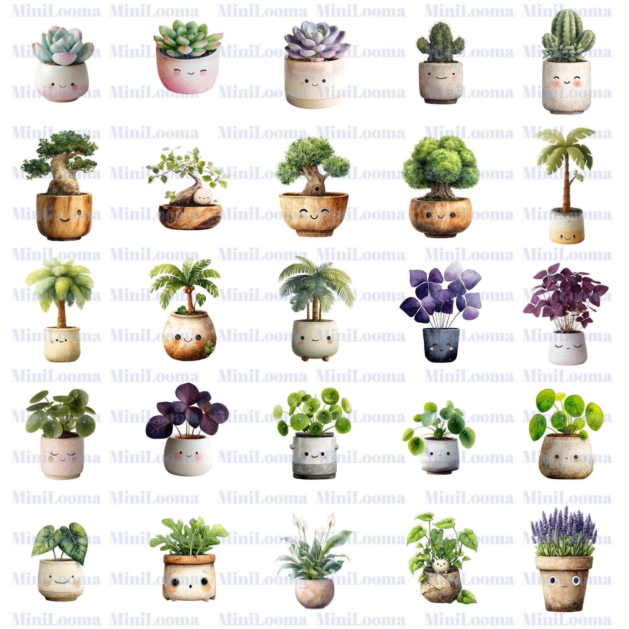 30 Kawaii Potted Plants Clipart Bundle: Watercolor Succulents, Cactus, Bonsai (PNG Transparent)