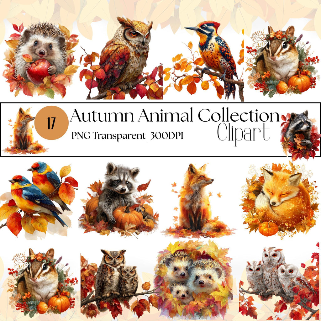17 Autumn Animals Clipart Bundle: Knitted Crochet Style (Transparent PNG+PDF Digital Download)