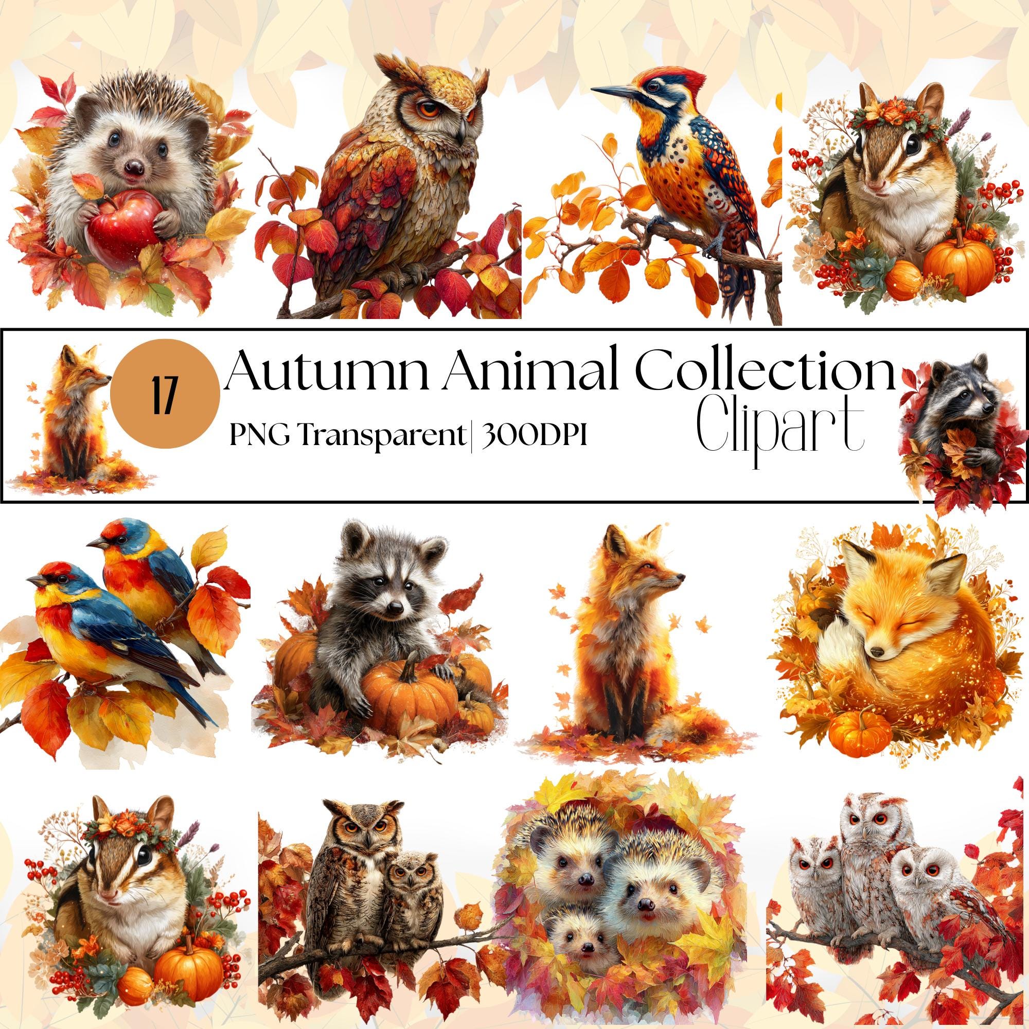 17 Autumn Animals Clipart Bundle: Knitted Crochet Style (Transparent PNG+PDF Digital Download)