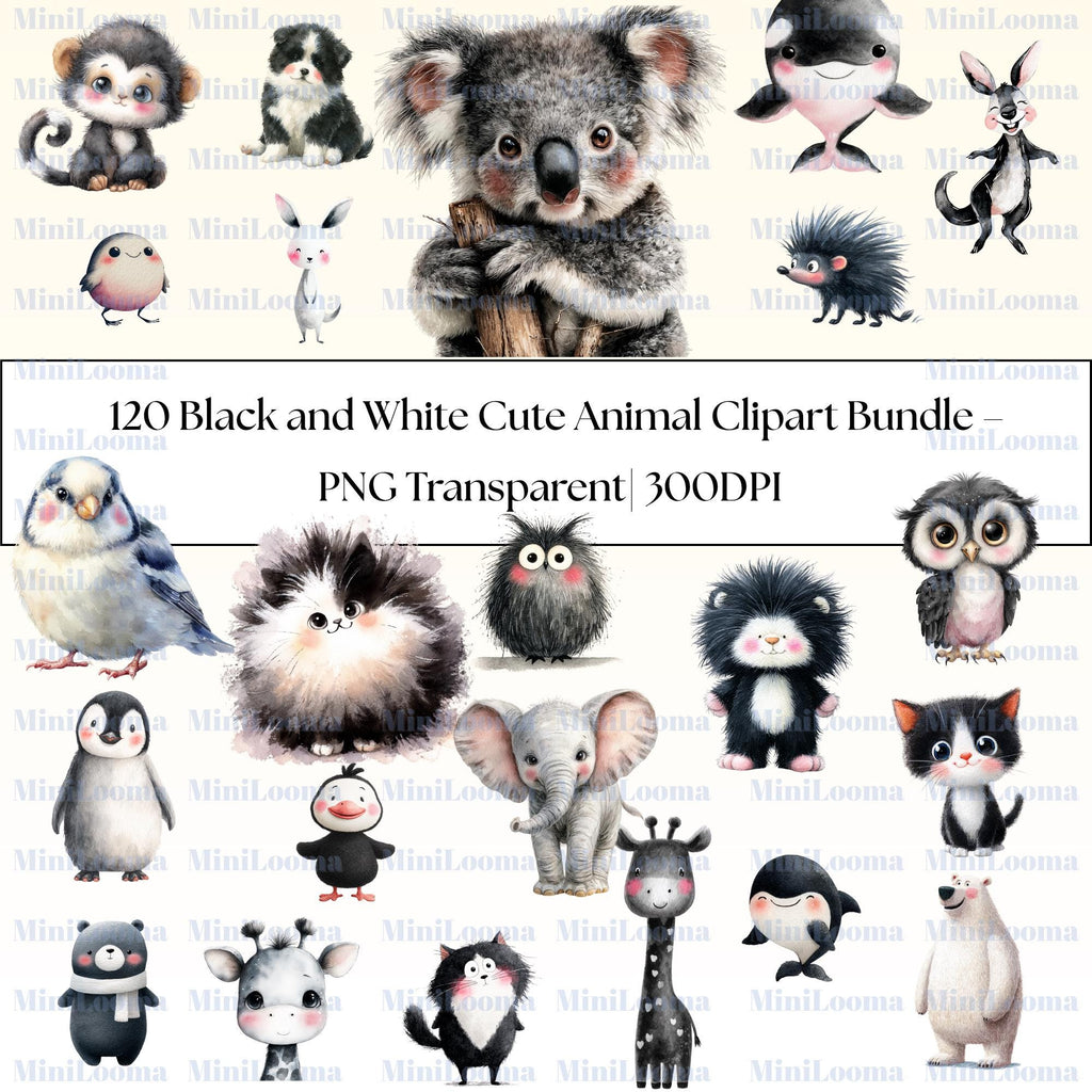 120 Watercolor Baby Animal Clipart Bundle: Black and White Illustrations (Transparent PNG)