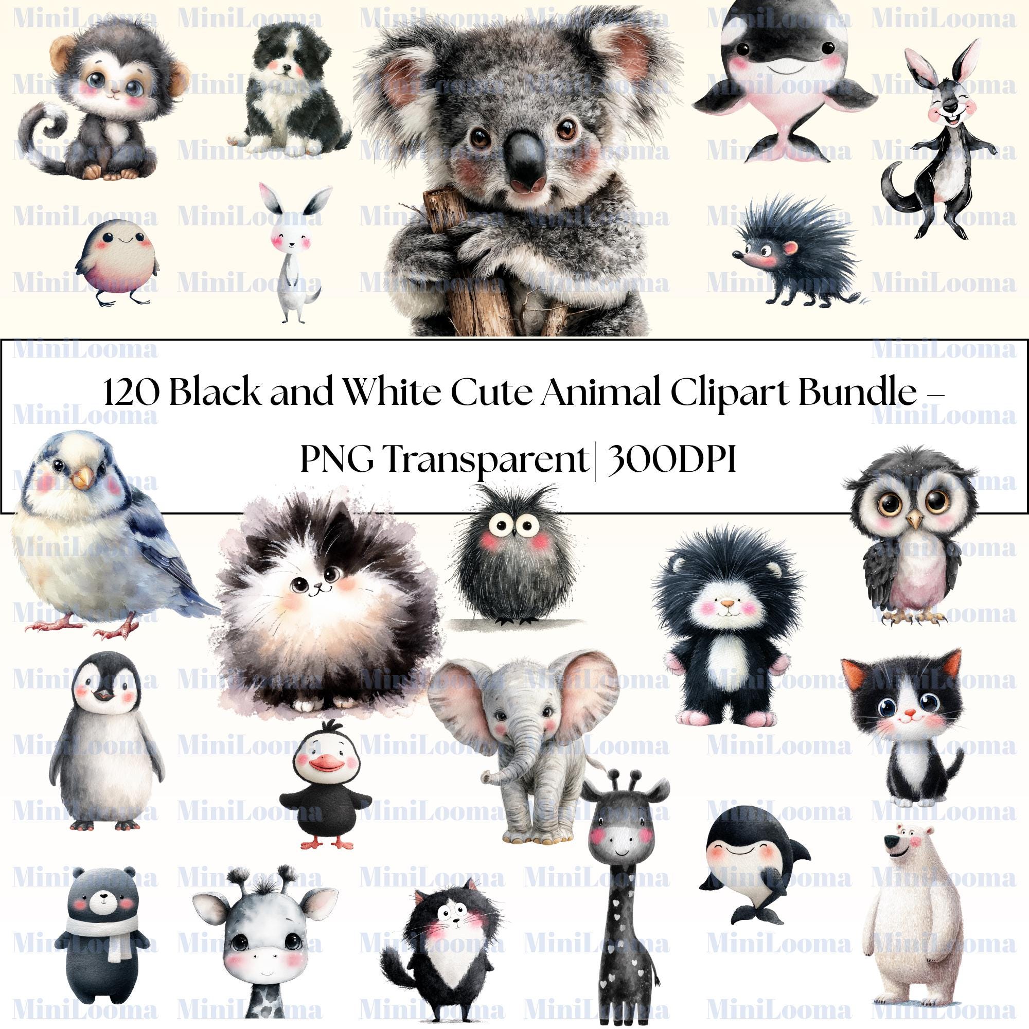 120 Watercolor Baby Animal Clipart Bundle: Black and White Illustrations (Transparent PNG)