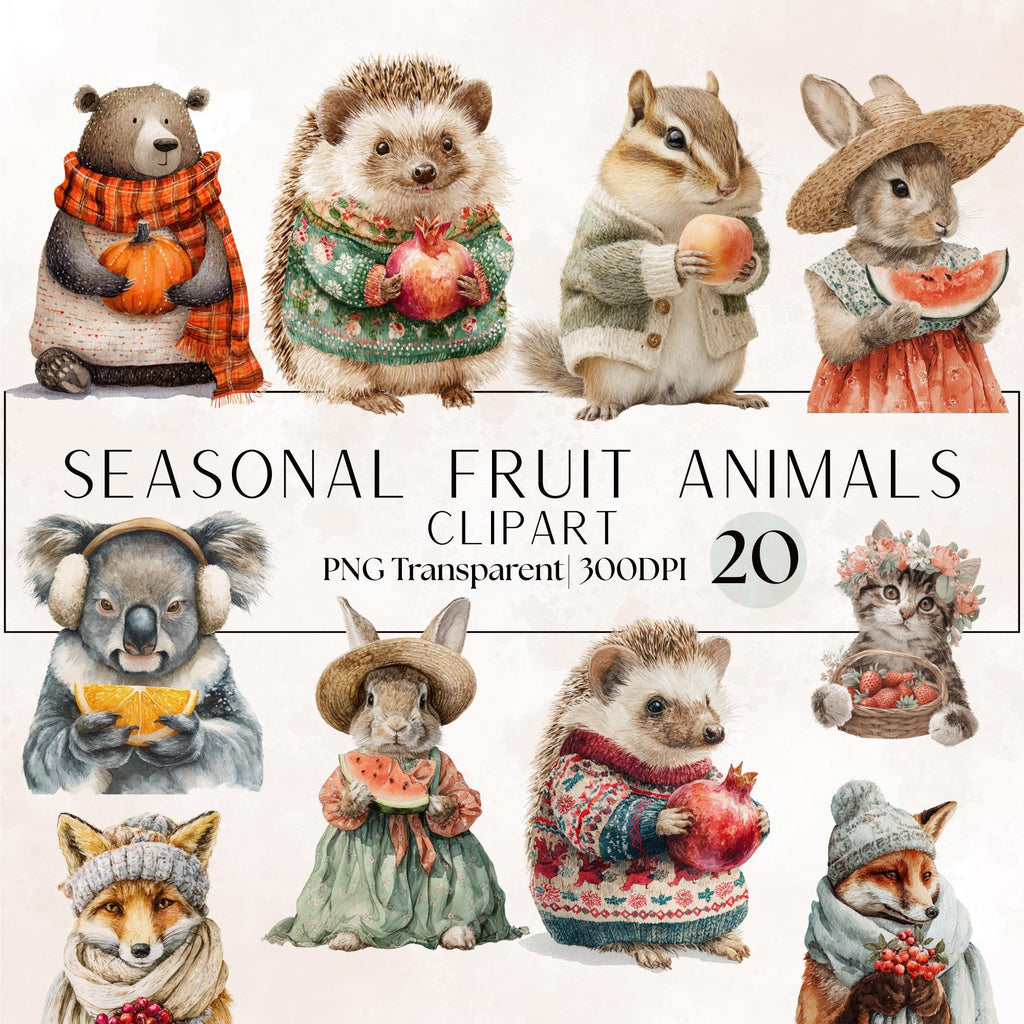 20 Seasonal Fruit Animals Clipart | Bunny, Bear, Fox, Cat, Squirrel | PNG Transparent