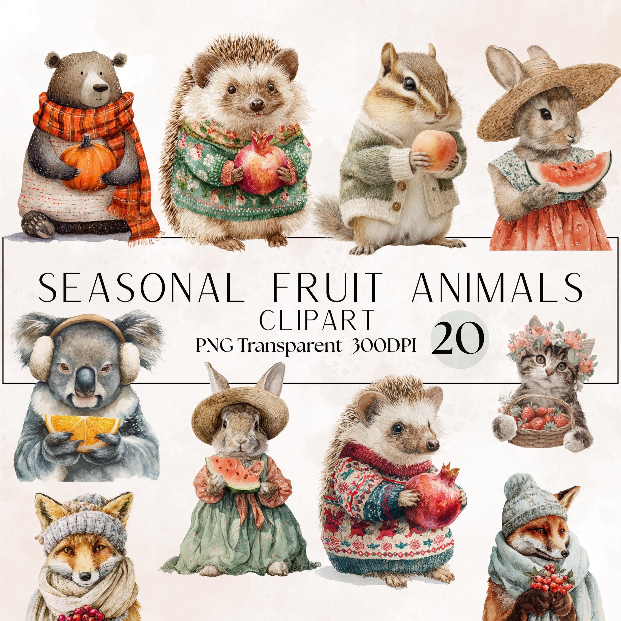 20 Seasonal Fruit Animals Clipart | Bunny, Bear, Fox, Cat, Squirrel | PNG Transparent