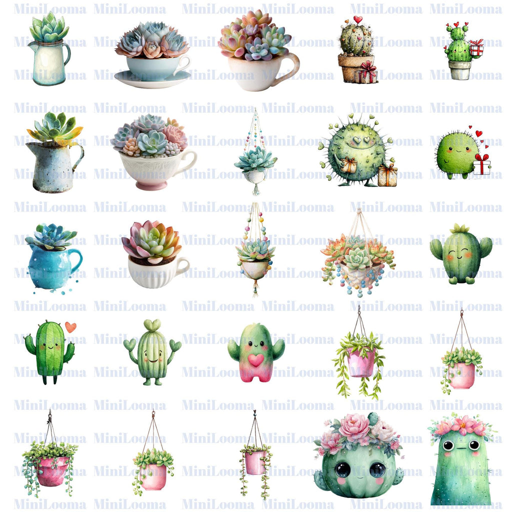 80 Kawaii Succulent - Cactus Clipart Bundle: Watercolor Plant Stickers (Transparent PNG)