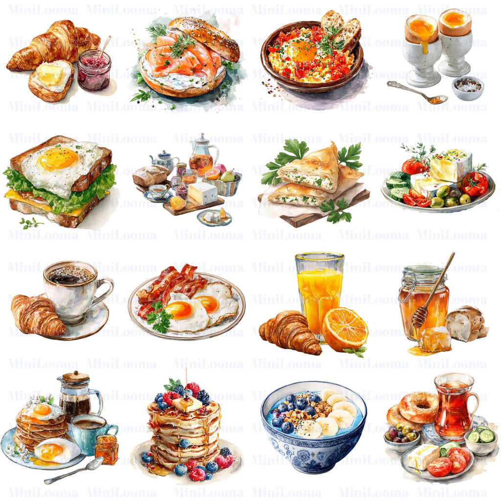 20 Breakfast Clipart | Croissant, Pancakes, Waffles, Coffee & Tea, Avocado Toast | PNG Transparent