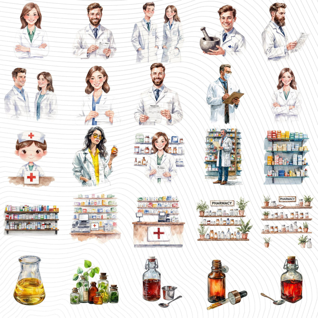60 Pharmacy Watercolor Clipart |PNG Set, Transparent Background