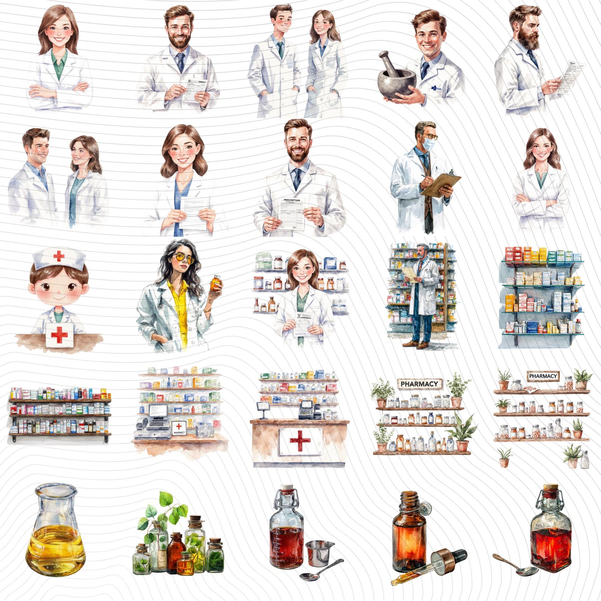 60 Pharmacy Watercolor Clipart |PNG Set, Transparent Background