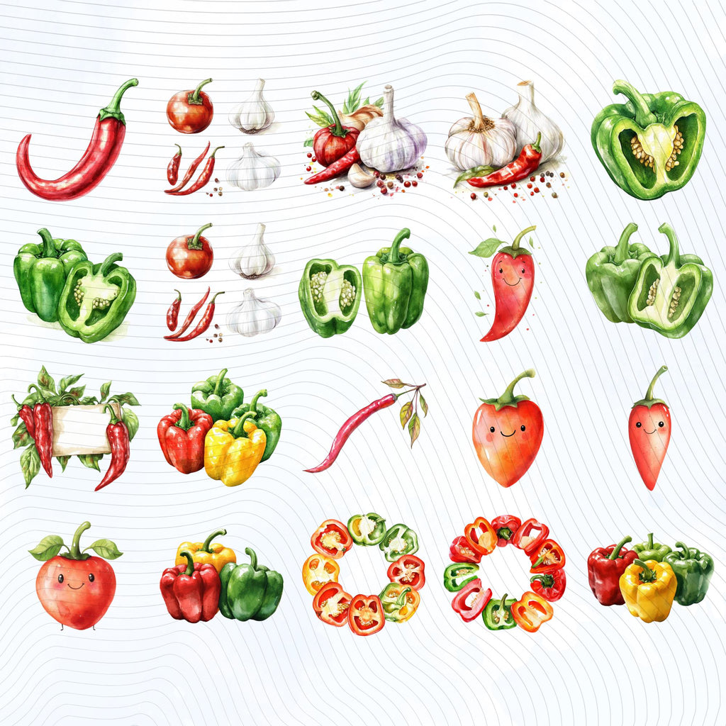44 Watercolor Bell Pepper Clipart Bundle: Red, Green, Yellow (Transparent PNG)