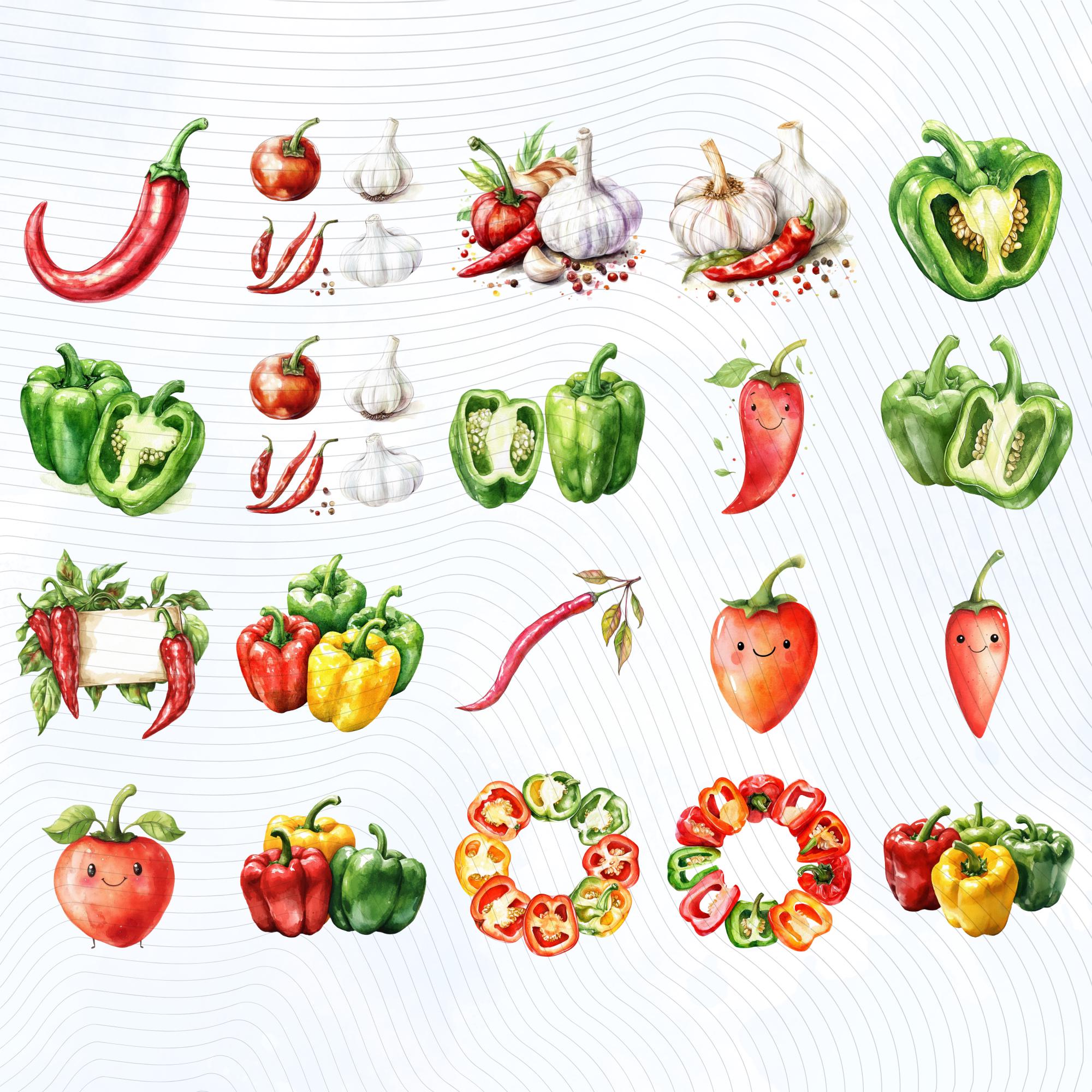 44 Watercolor Bell Pepper Clipart Bundle: Red, Green, Yellow (Transparent PNG)