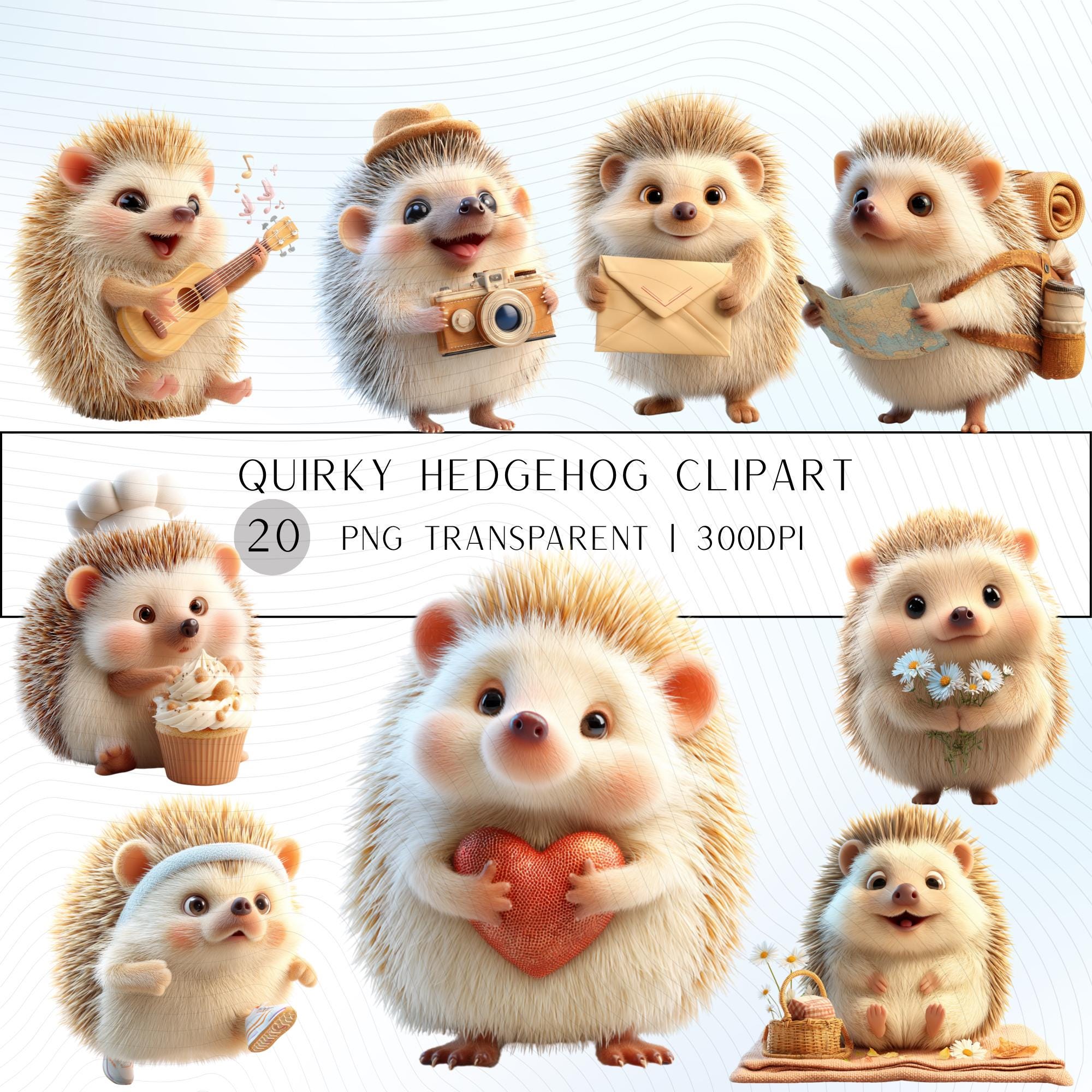 20 Quirky Hedgehog Clipart Set | Funny  Characters PNG Transparent Background| 300DPI