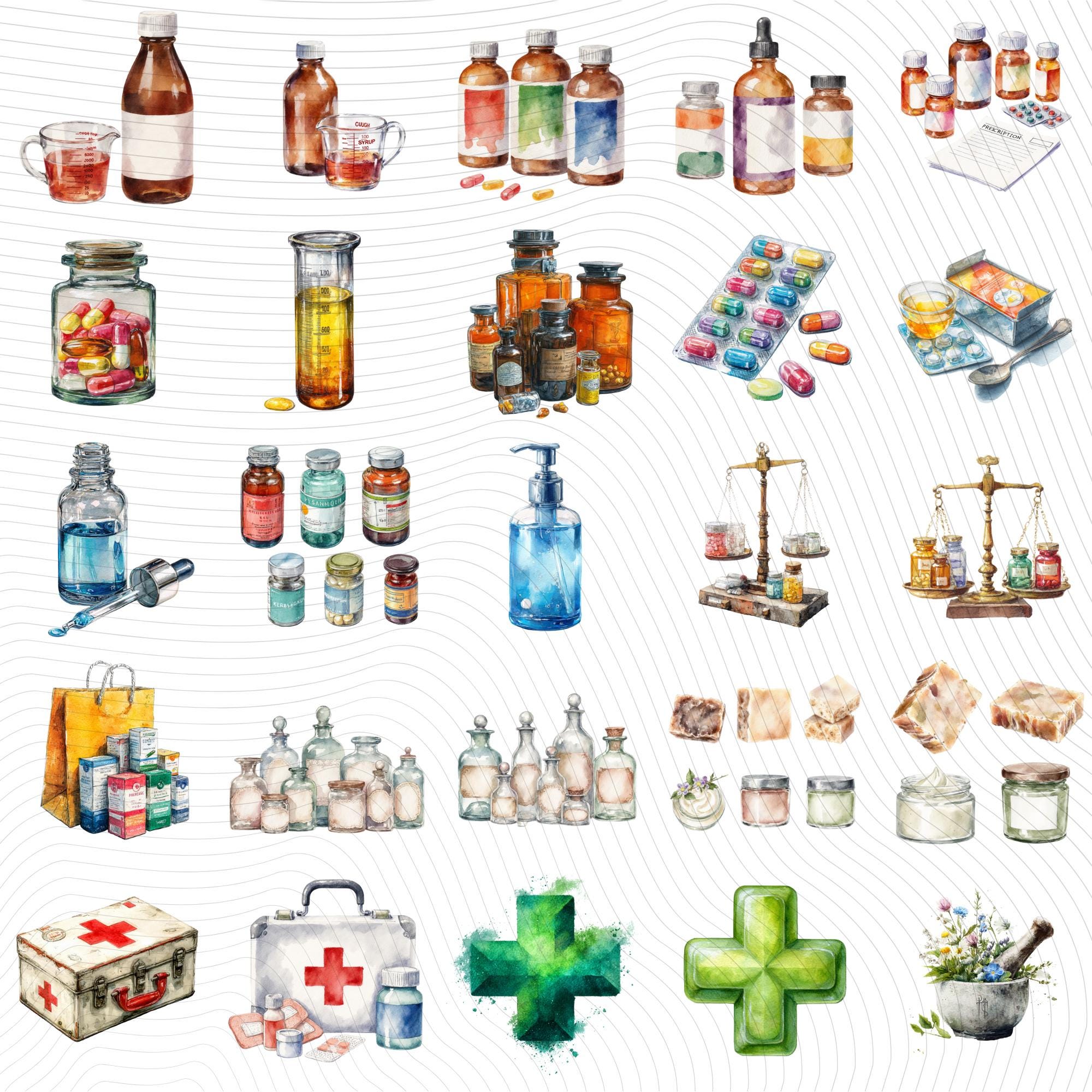 60 Pharmacy Watercolor Clipart |PNG Set, Transparent Background