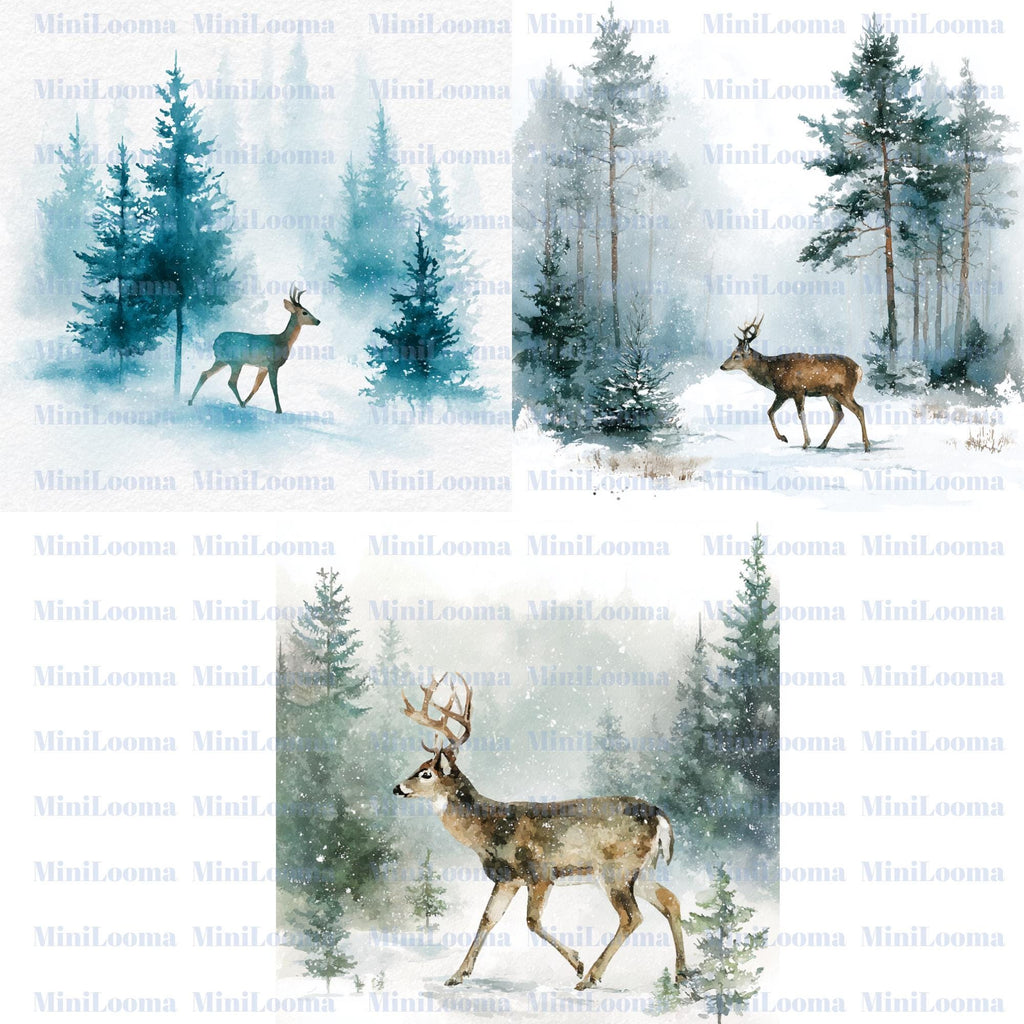 24 Watercolor Deer Clipart Set: Woodland Animals, Christmas Reindeer (Transparent PNG)