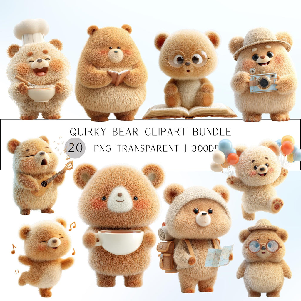 20 Quirky Bear Clipart Bundle | Funny Animal Characters PNG Transparent Background