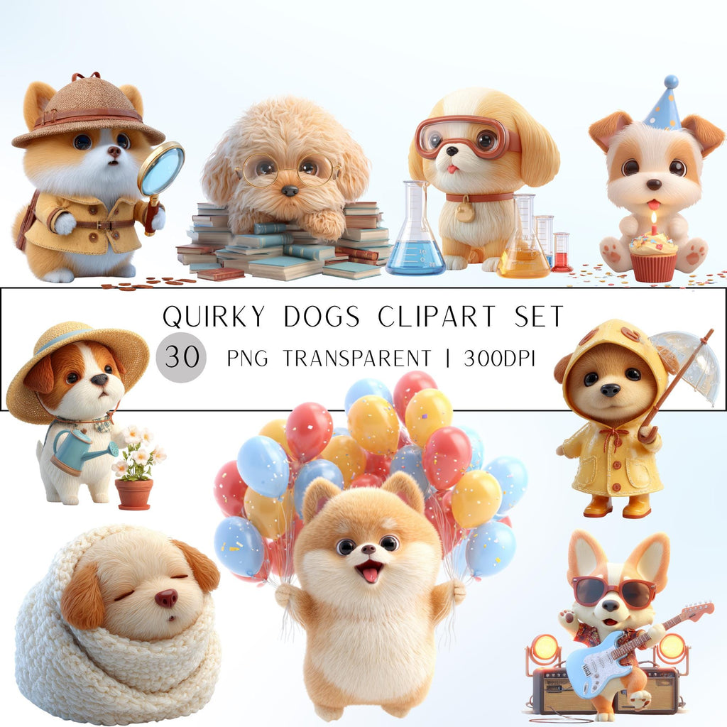 20 Quirky Dog Clipart Set | Funny  Characters PNG Transparent Background| 300DPI