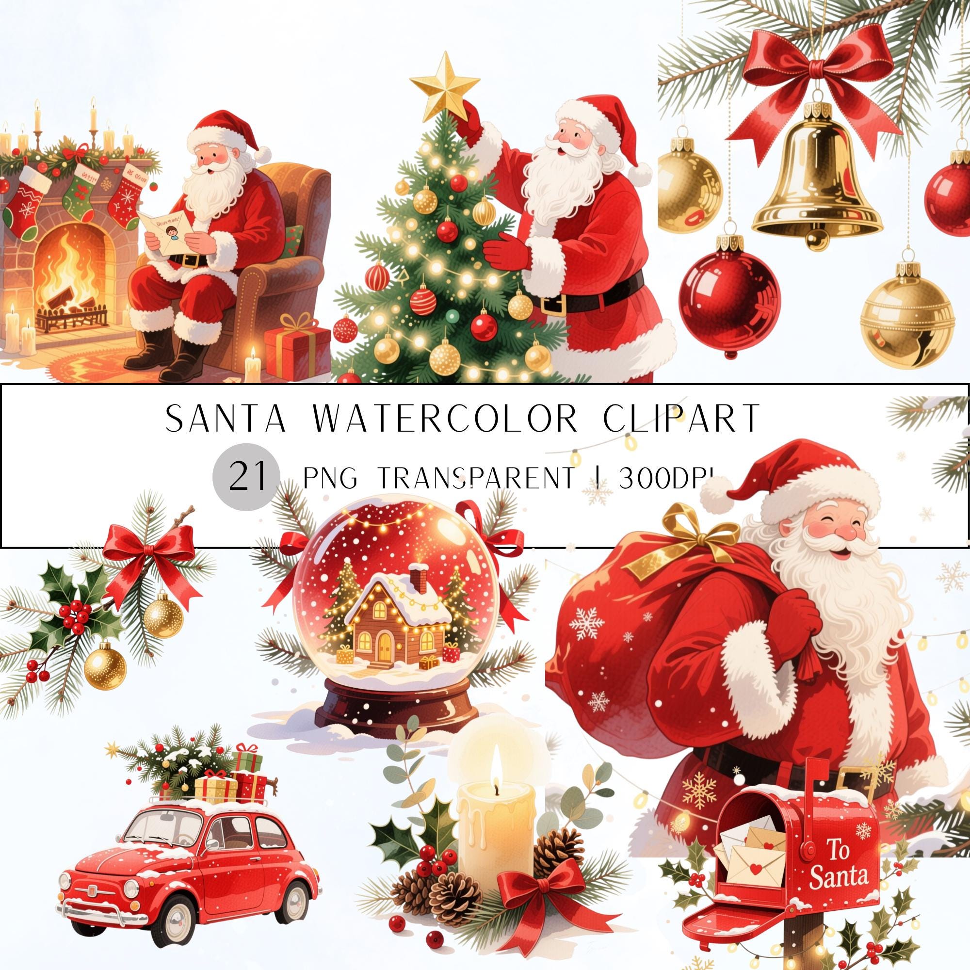 21 Santa Watercolor Clipart Bundle |Transparent Background PNG Illustrations