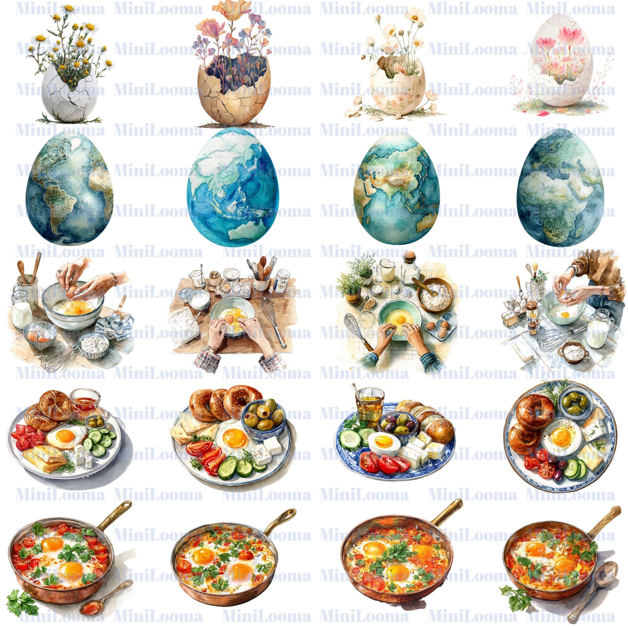 123 Watercolor Egg Clipart Set: Farm, Spring, Easter Designs (Transparent PNG)