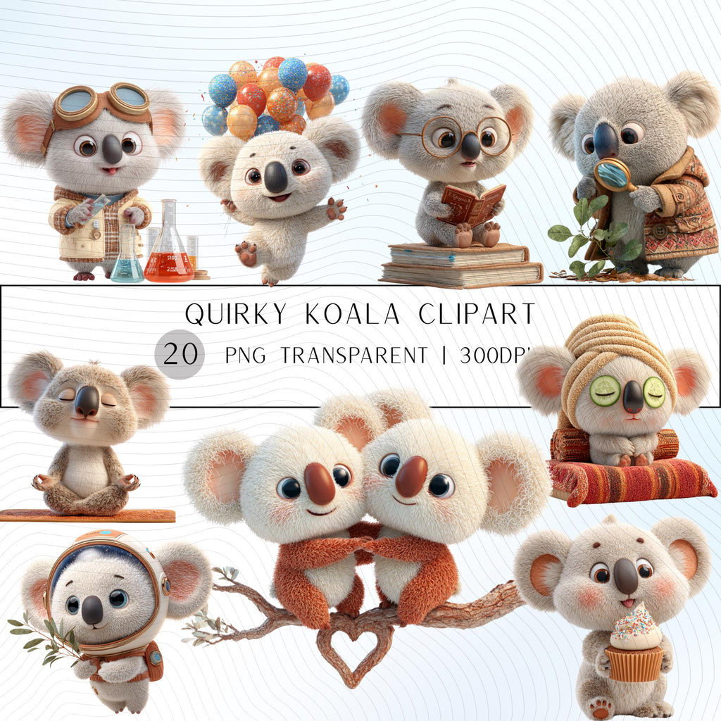 20 Quirky Koala Clipart Set | Funny Characters PNG Transparent Background| 300DPI