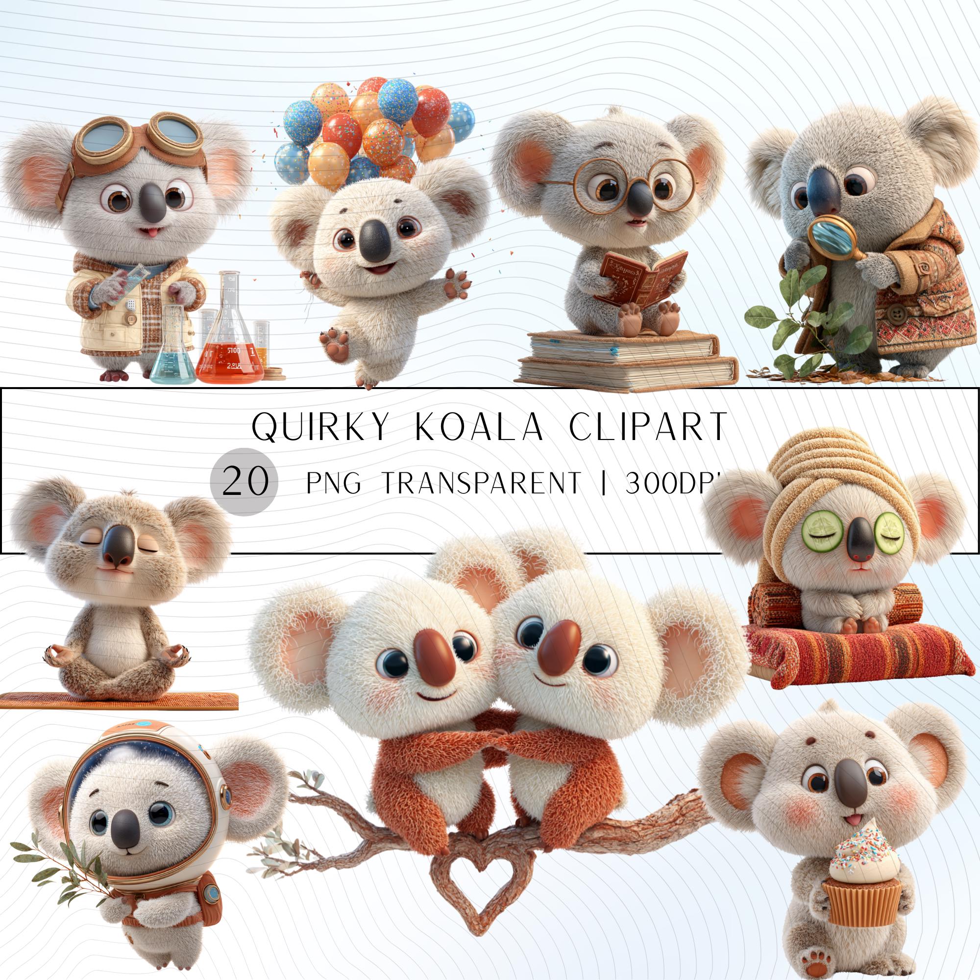 20 Quirky Koala Clipart Set | Funny Characters PNG Transparent Background| 300DPI