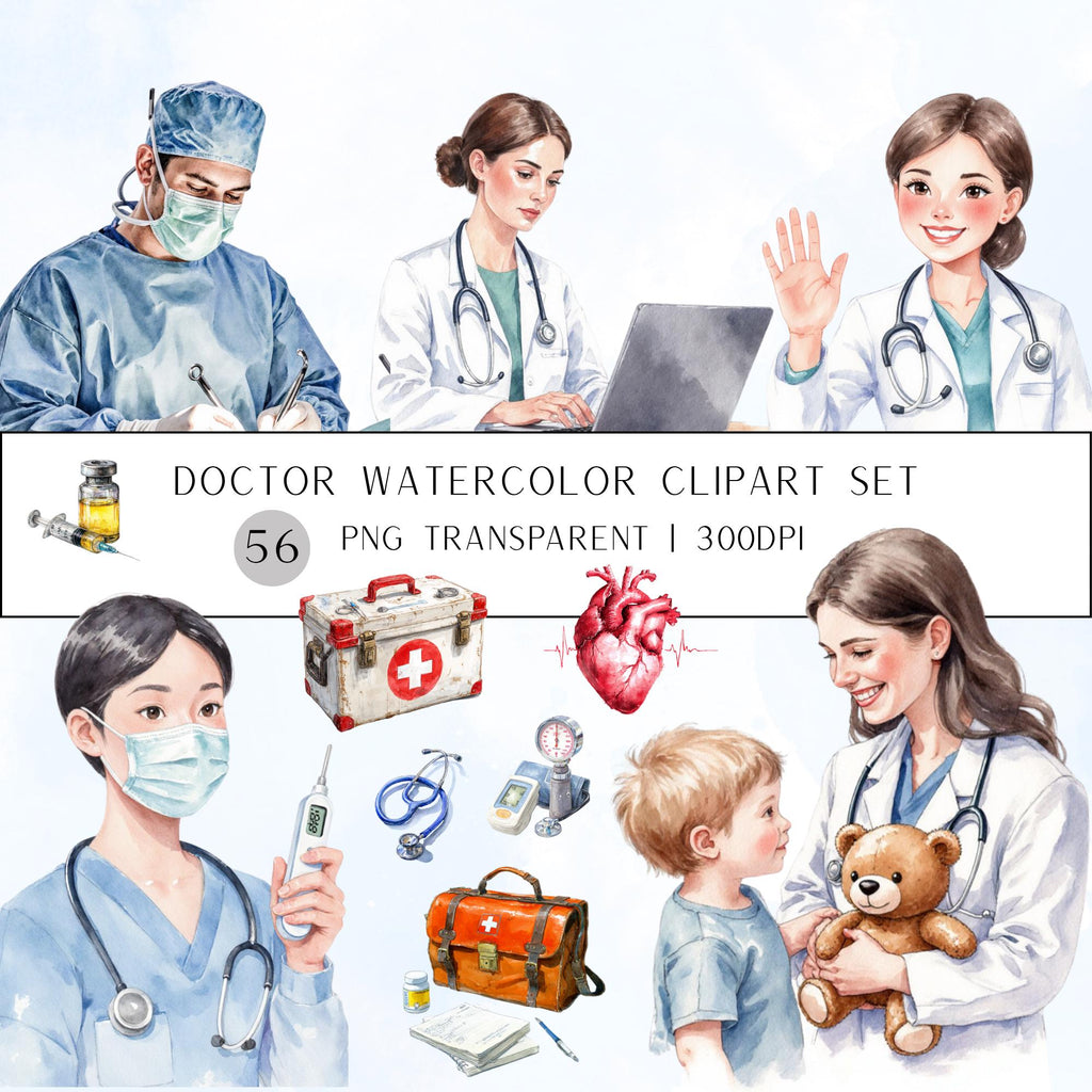 56 Doctor Profession Watercolor Clipart Set | Realistic Medical PNG | Transparent Background