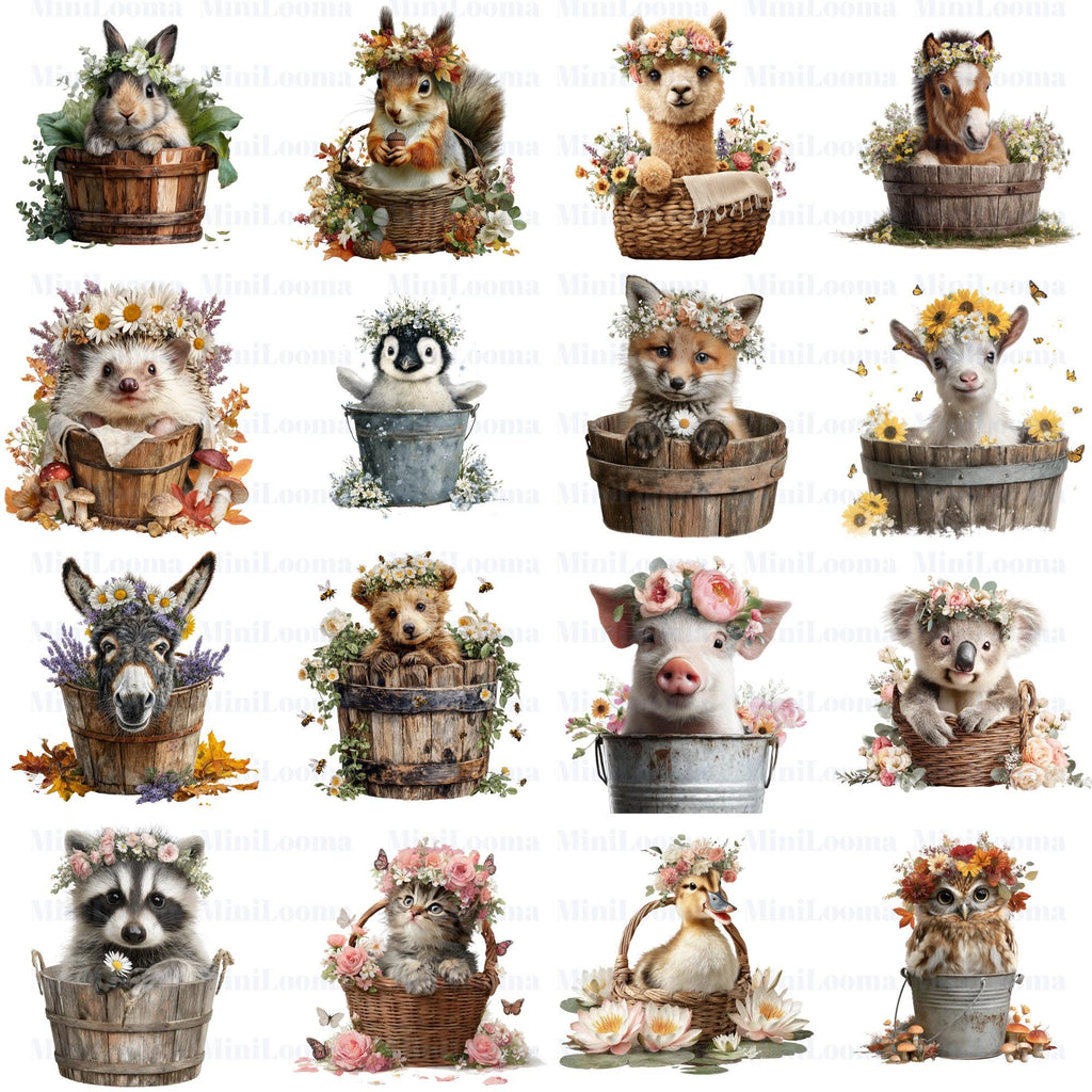 20 Baby Animals Clipart Bundle: Floral Crowned Transparent PNGs for Nursery Art