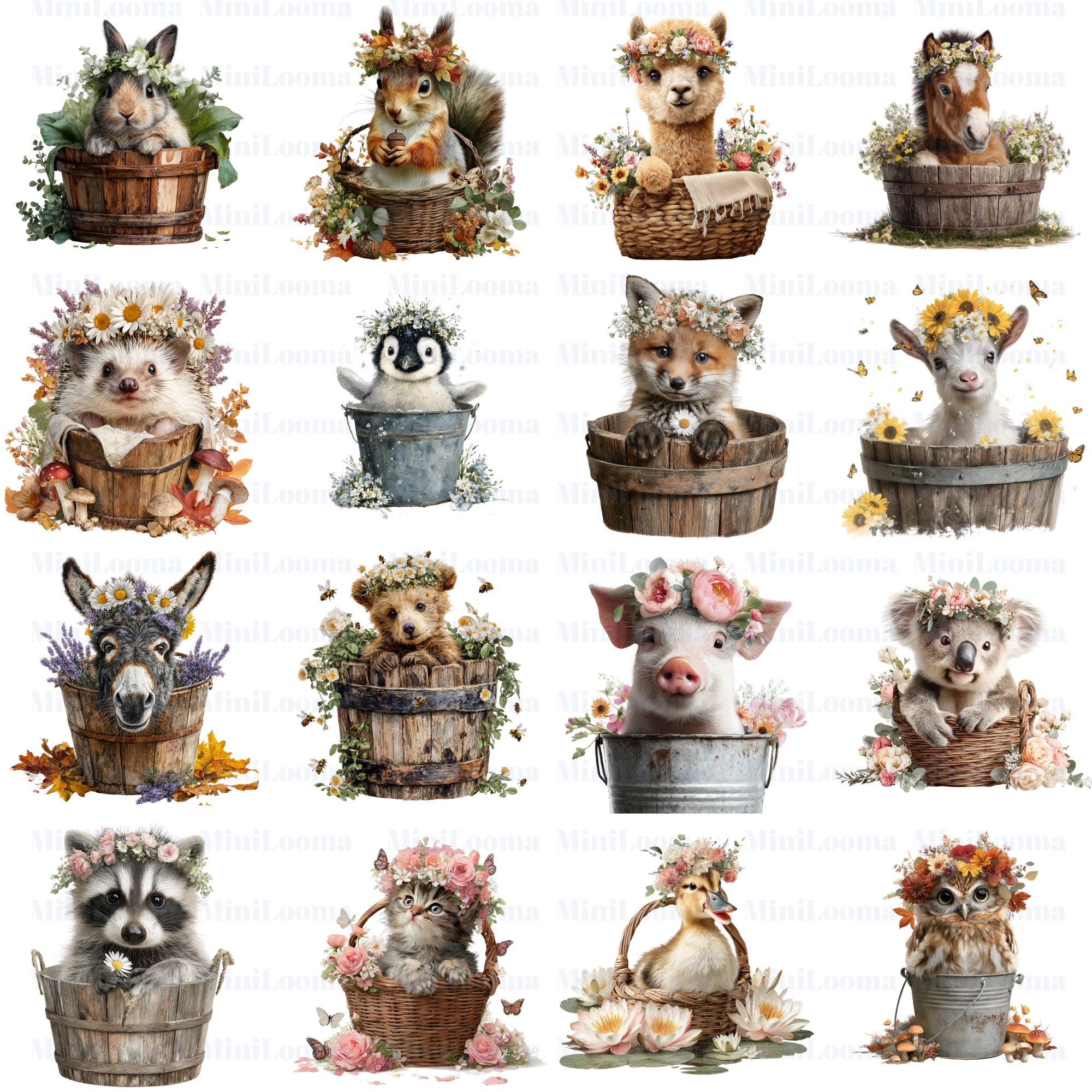 20 Baby Animals Clipart Bundle: Floral Crowned Transparent PNGs for Nursery Art