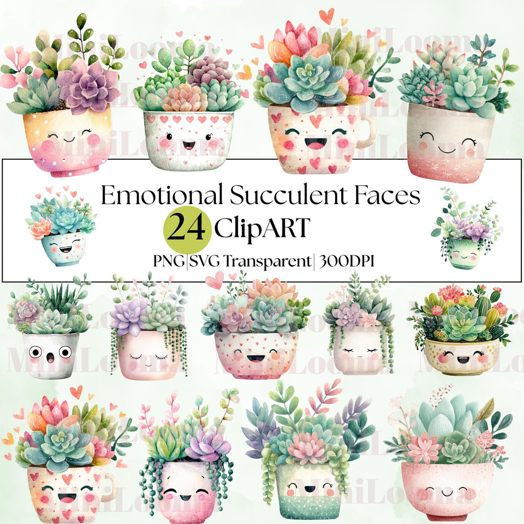 24 Emotional Succulent Faces-Watercolor Kawaii Succulent Pot| Happy, Sleepy, Surprised & More|PNG Transparent| 300DPI