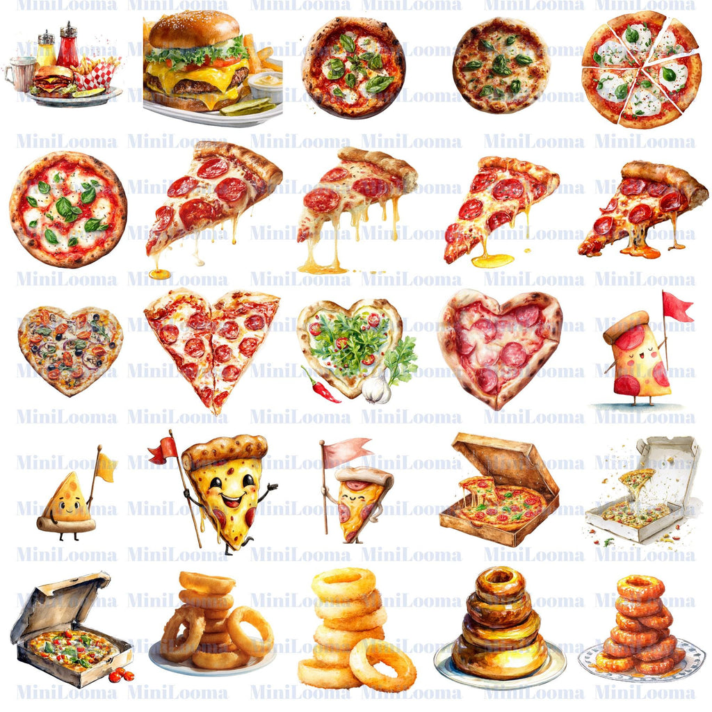 112 Watercolor Fast Food Clipart Bundle: Burger, Fries, Pizza ( Transparent PNG )