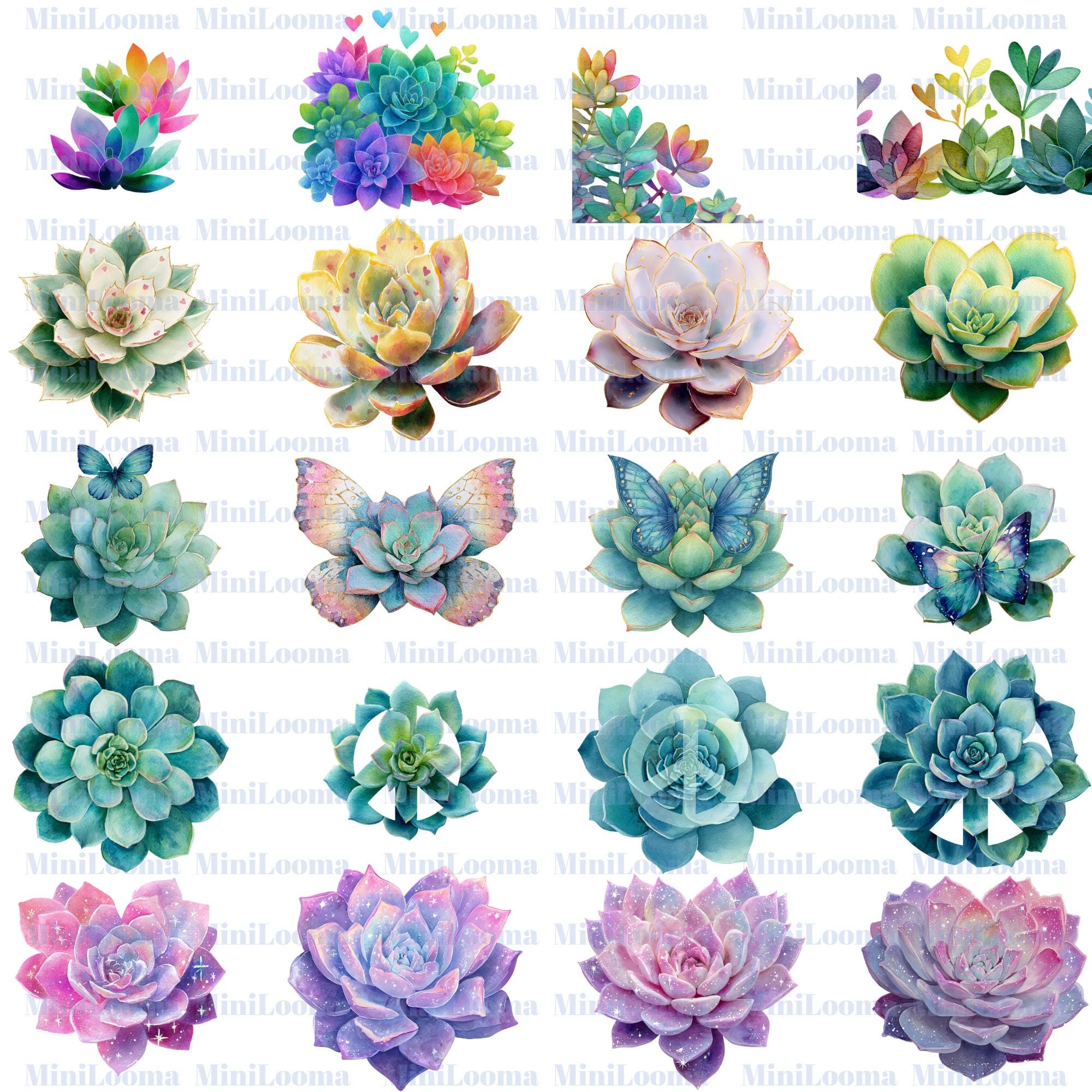 120 Succulent Clipart Bundle |Colorful Watercolor Succulents, Pots & Bouquets PNG Set |PNG  Transparent Background