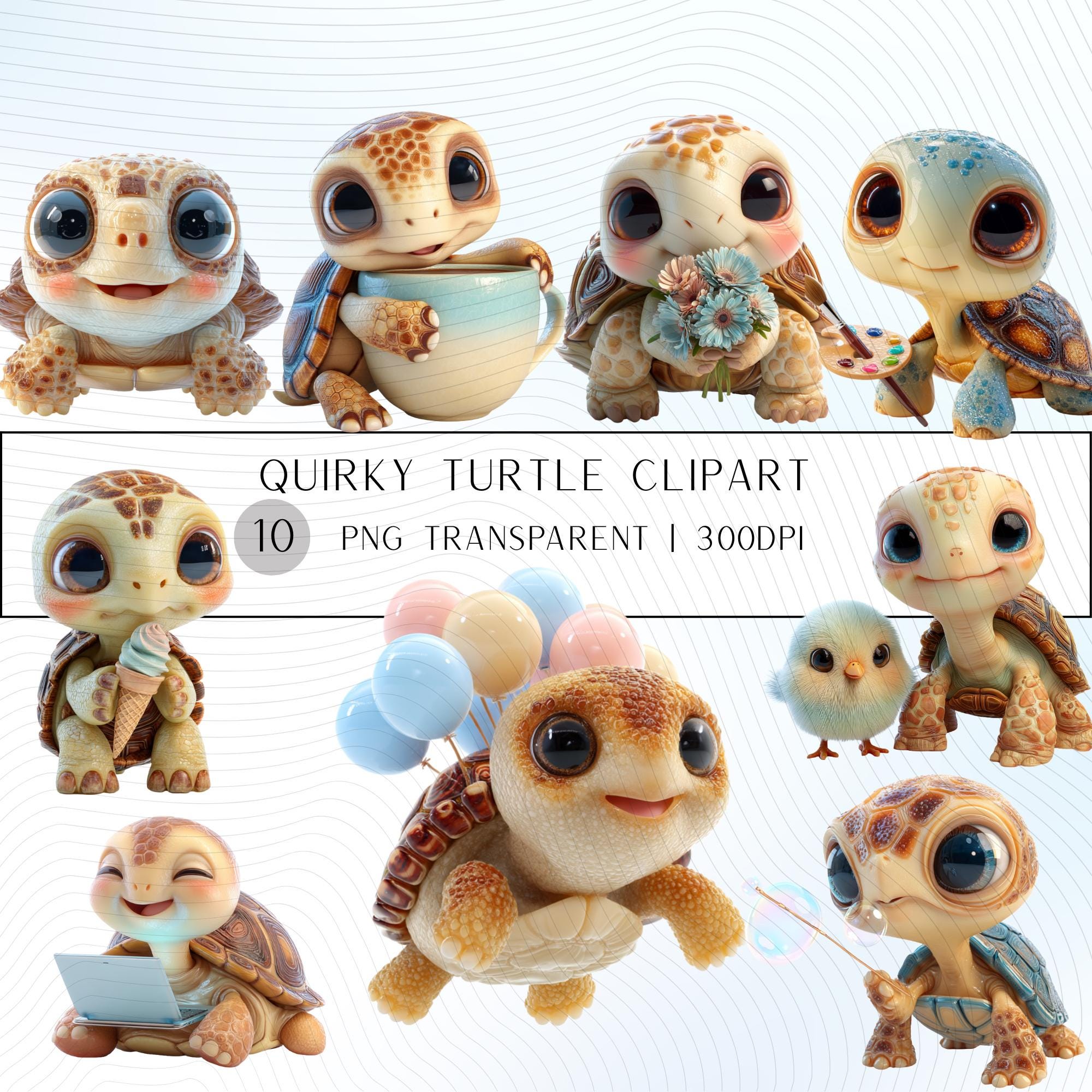 10 Quirky Turtle Clipart Set | Funny Characters PNG Transparent Background| 300DPI