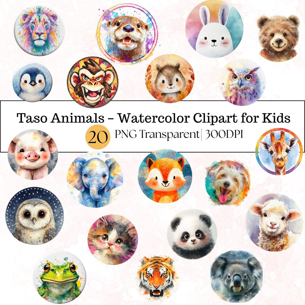 20 Watercolor Animal Clipart Bundle: Taso-Style Kids Stickers (Transparent PNG )