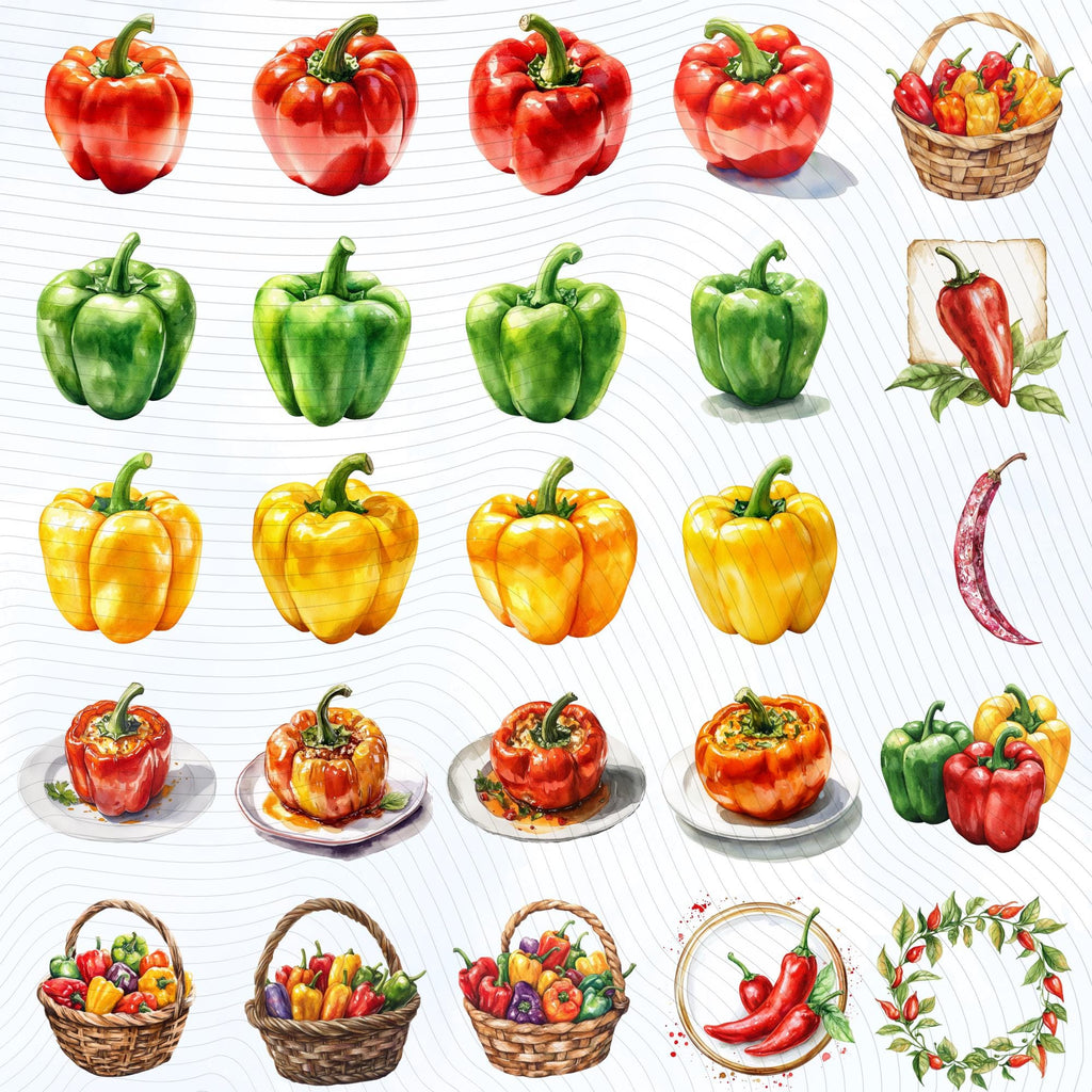 44 Watercolor Bell Pepper Clipart Bundle: Red, Green, Yellow (Transparent PNG)