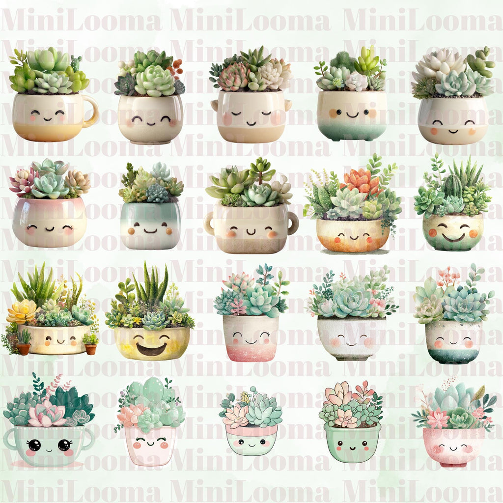 20 Watercolor Succulent Clipart Set: Kawaii Garden (Transparent PNG)