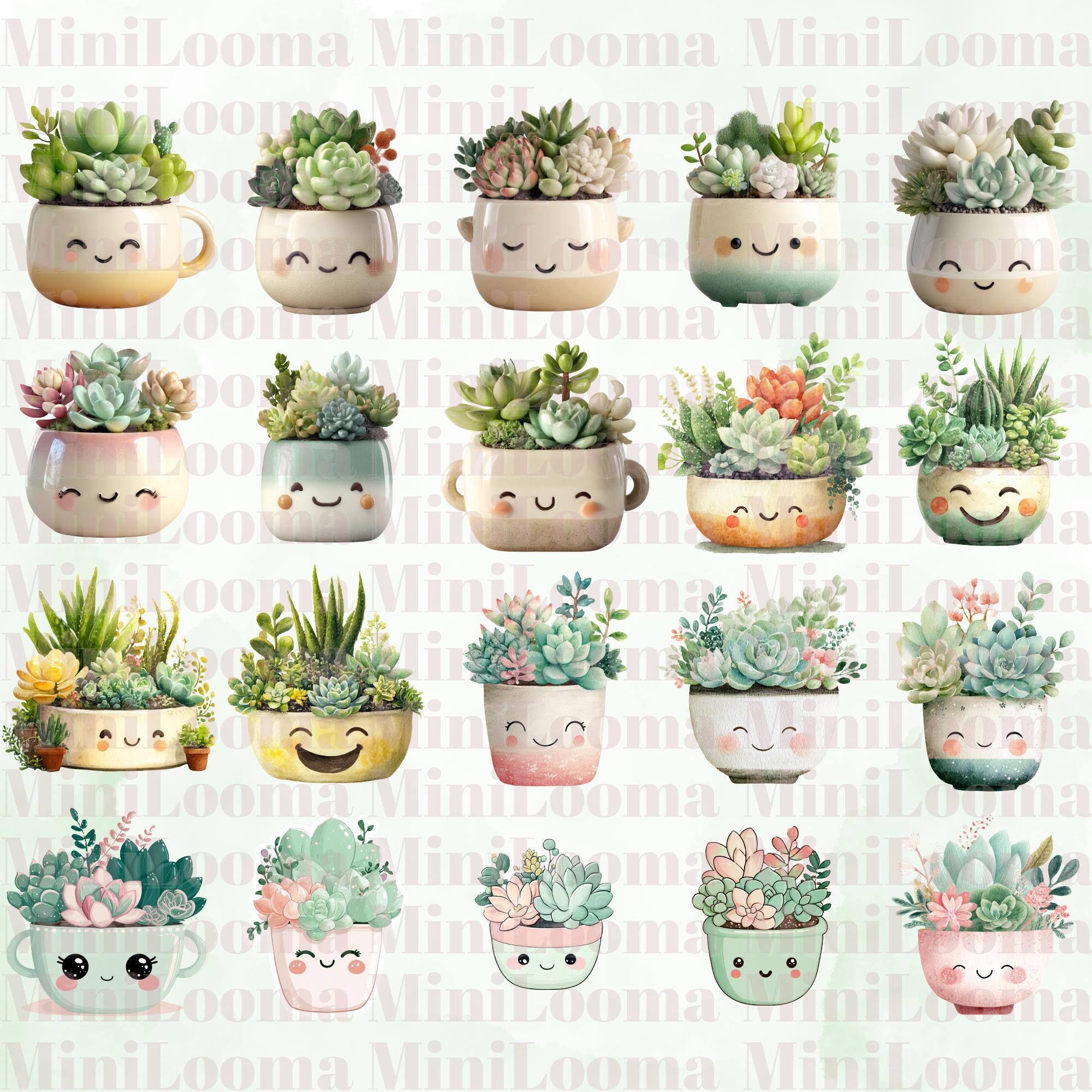 20 Watercolor Succulent Clipart Set: Kawaii Garden (Transparent PNG)
