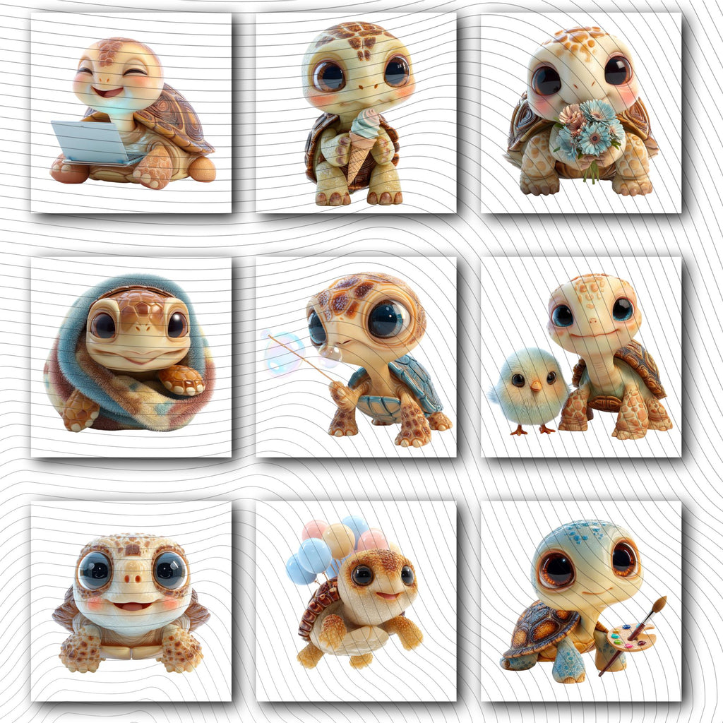 10 Quirky Turtle Clipart Set | Funny Characters PNG Transparent Background| 300DPI