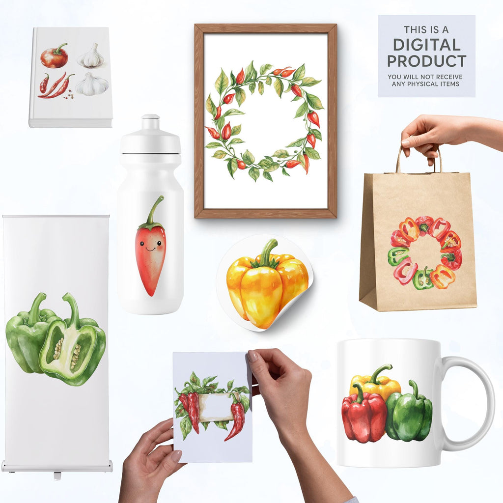 44 Watercolor Bell Pepper Clipart Bundle: Red, Green, Yellow (Transparent PNG)