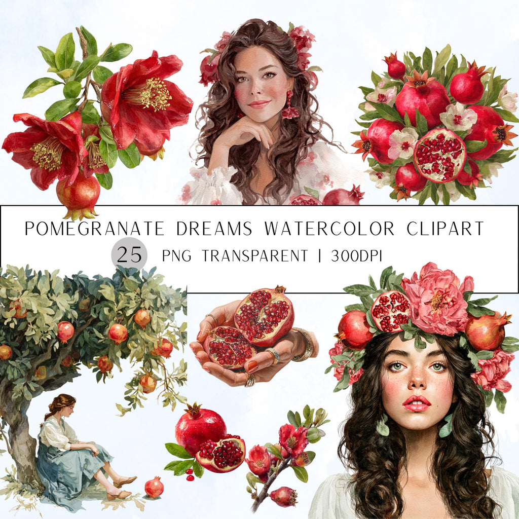 25 Pomegranate Watercolor Clipart Bundle| Realistic Botanical PNG Transparent Background