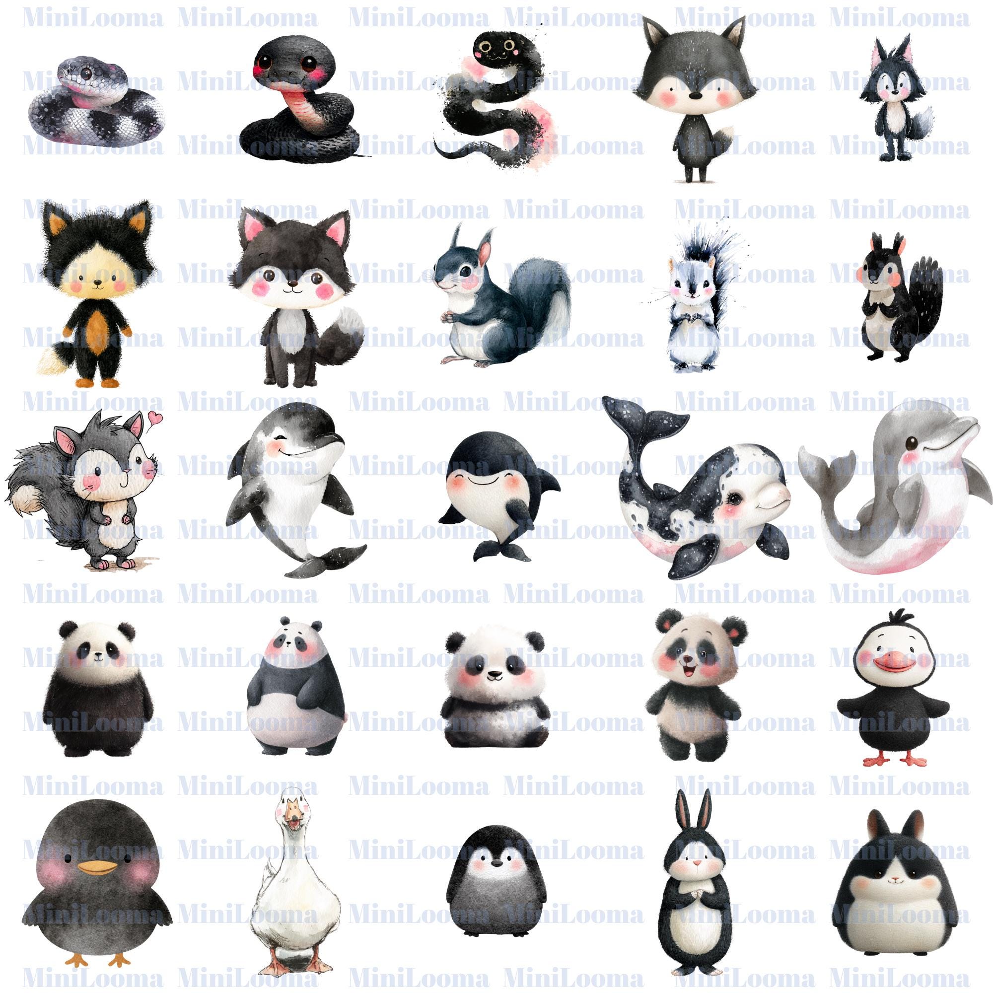 120 Watercolor Baby Animal Clipart Bundle: Black and White Illustrations (Transparent PNG)