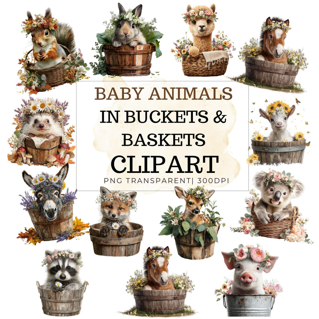 20 Baby Animals Clipart Bundle: Floral Crowned Transparent PNGs for Nursery Art