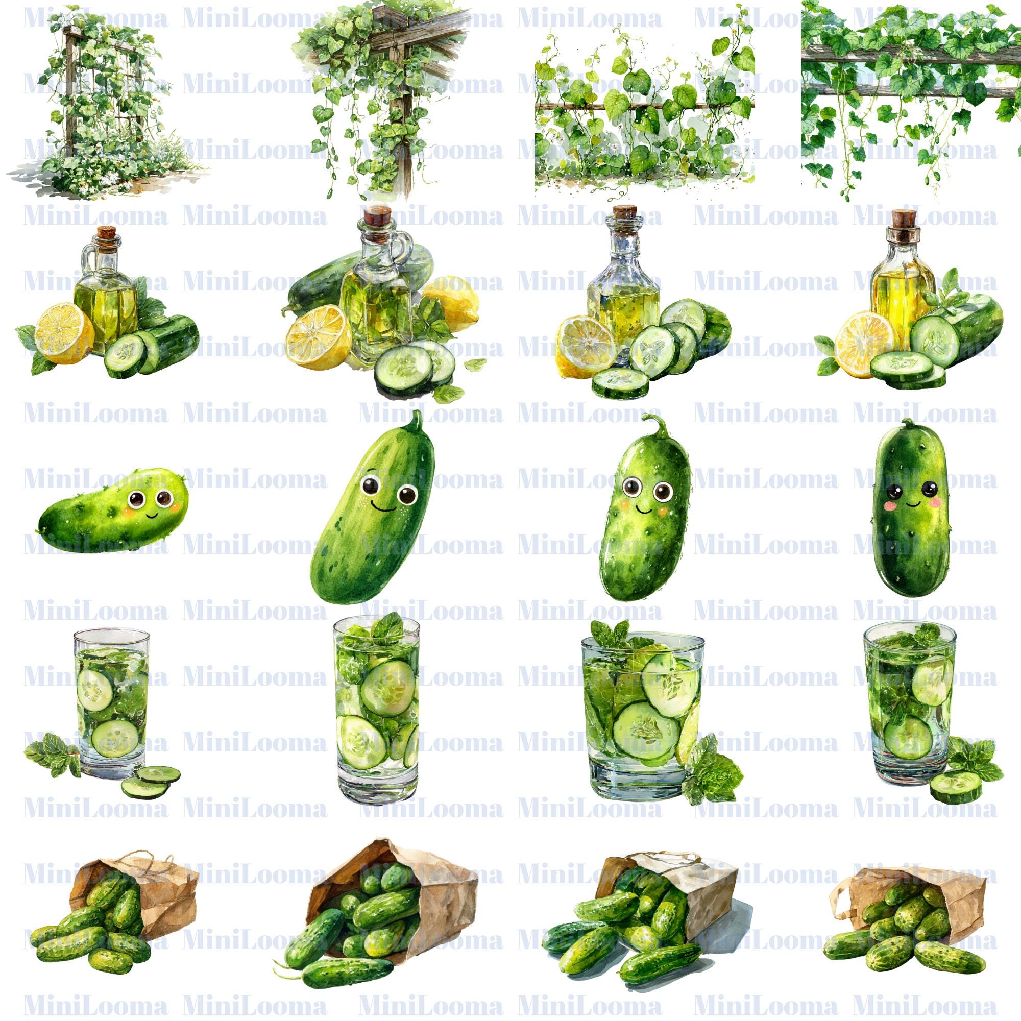 120 Cucumber Watercolor Clipart: Kitchen Art, Recipe Cards (PNG Transparent)
