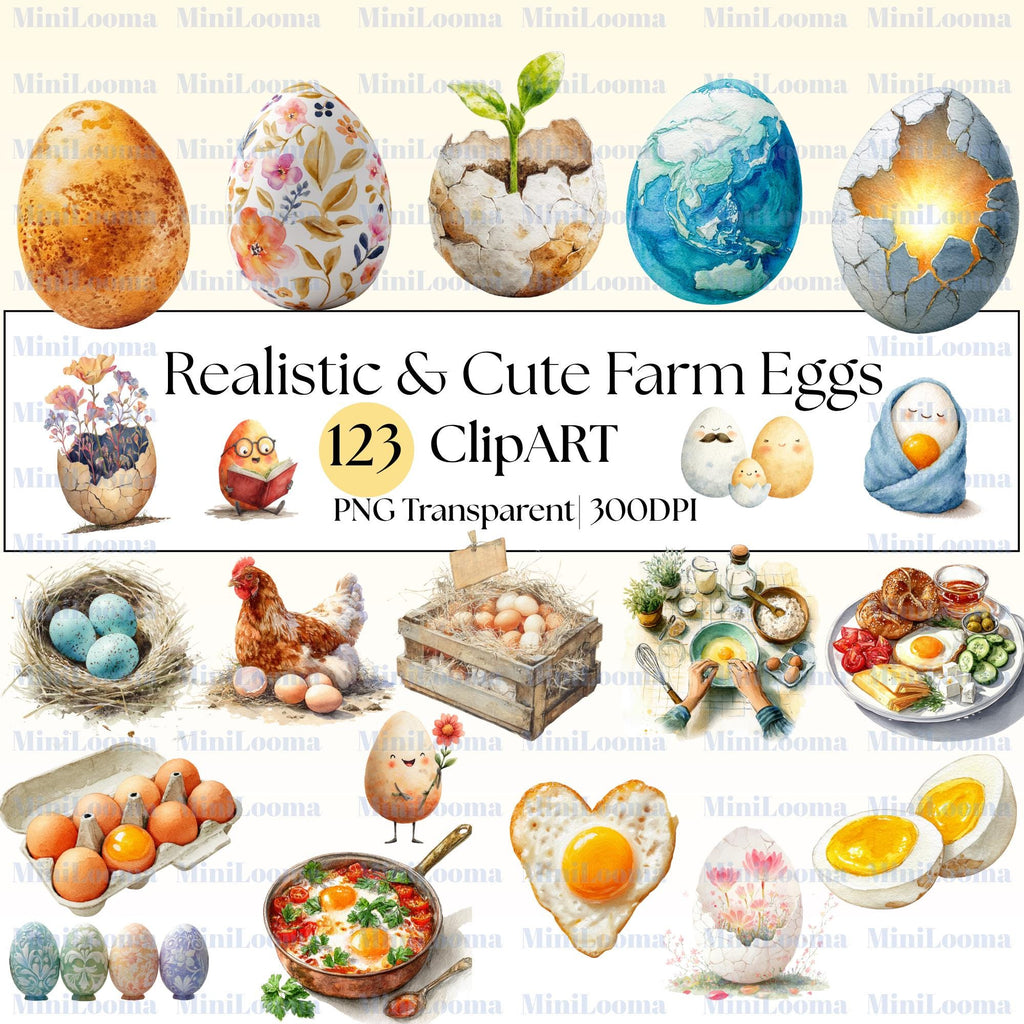 123 Watercolor Egg Clipart Set: Farm, Spring, Easter Designs (Transparent PNG)